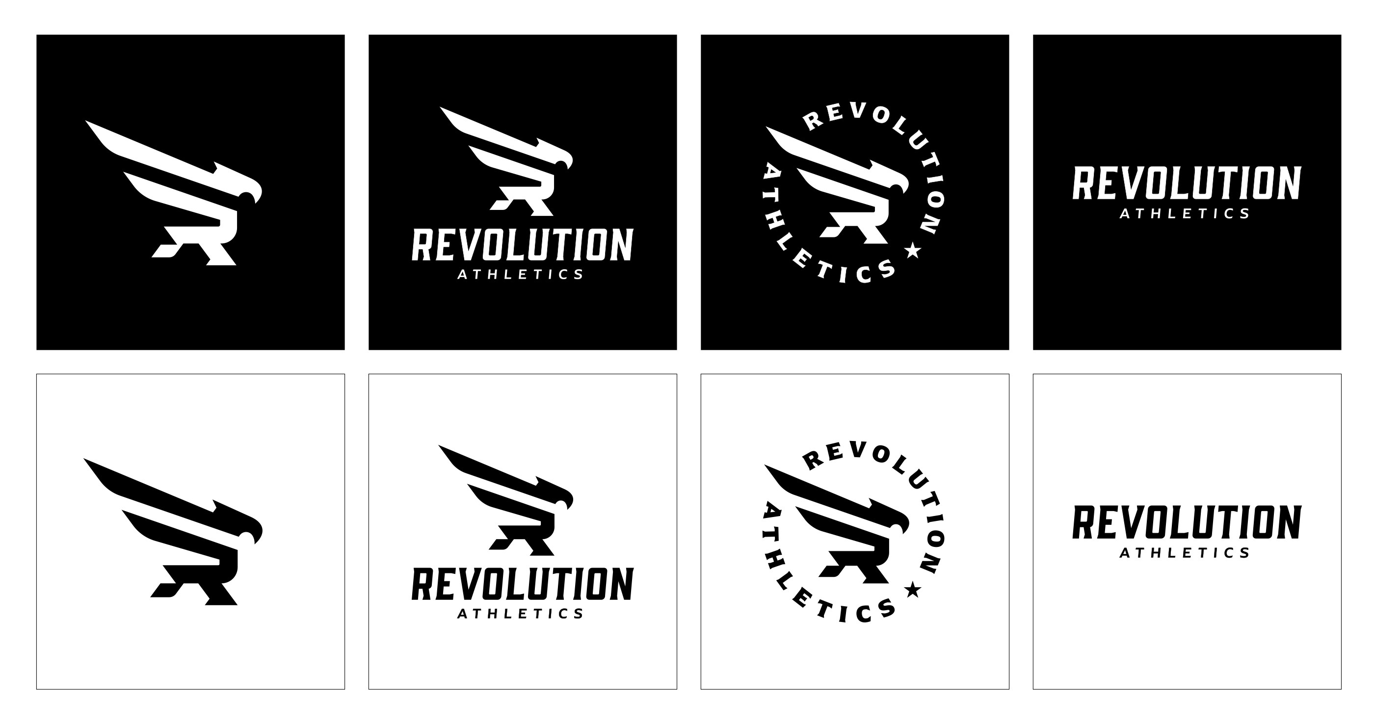 Complete logo suite for Revolution Athletics showing primary, secondary, and badge variations in black and white.