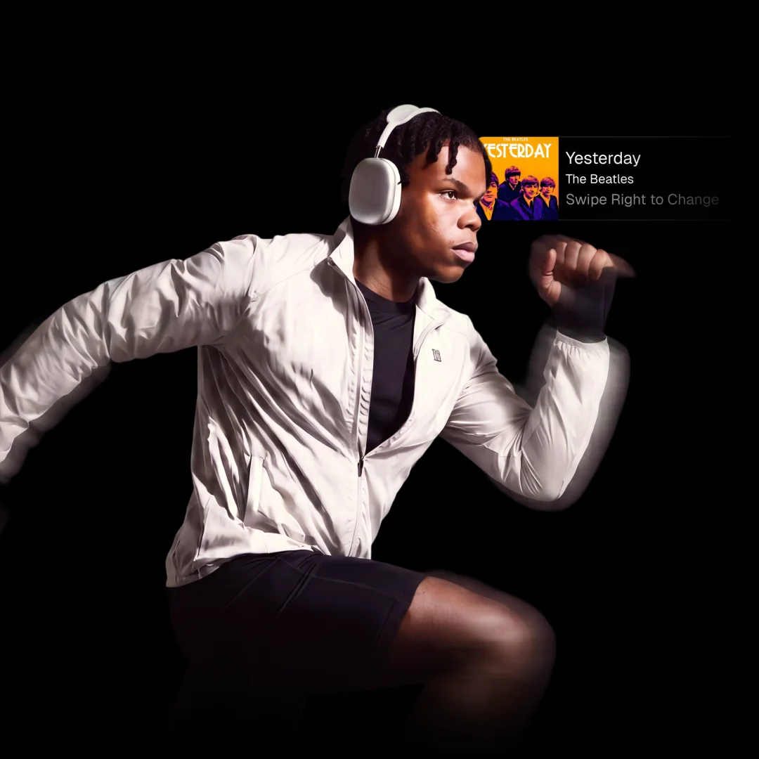 Runner in headphones with a now-playing notification