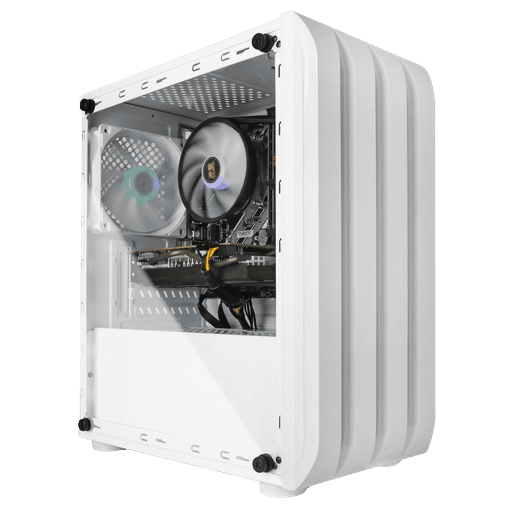 Compact white gaming PC featuring sleek, rounded edges and a minimalist design. Equipped with visible RGB-lit components through a transparent side panel, this system combines style and high performance. Ideal for modern gaming builds, it includes premium parts optimized for 2023 configurations. A perfect choice for gamers looking for budget-friendly, aesthetic, and efficient setups, designed for smooth gameplay and advanced computing tasks.