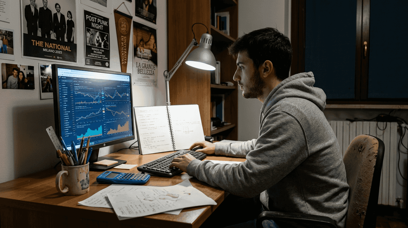 Un giovane esamina attentamente i dati sul monitor mentre valuta le performance del suo portafoglio d’investimento.