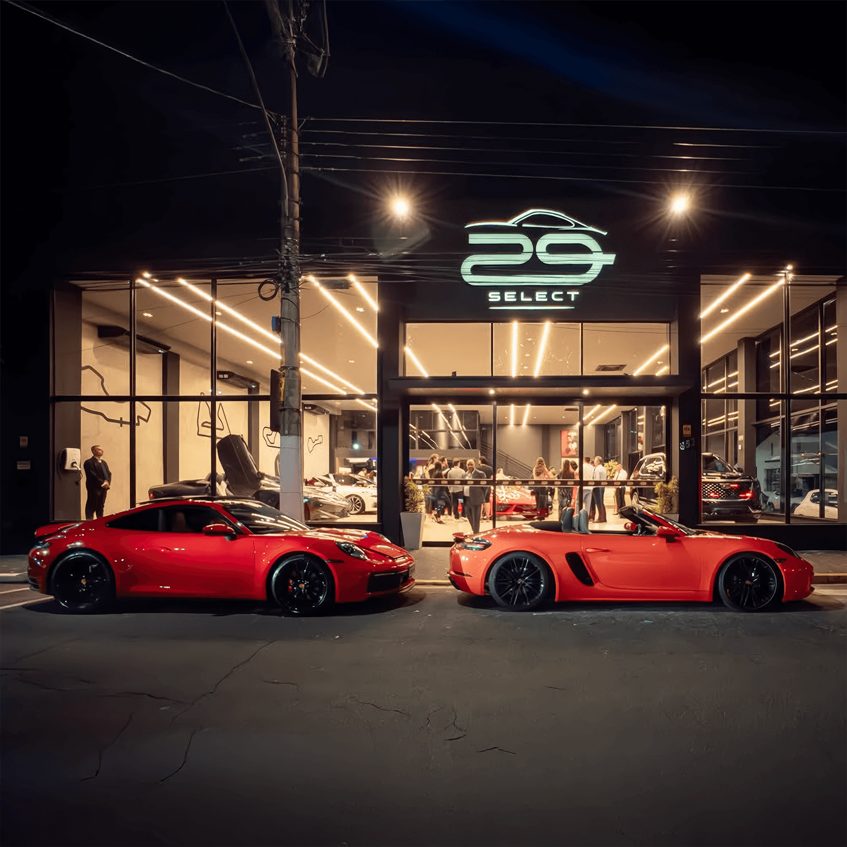 Collection of luxury sports cars displayed in modern rental showroom