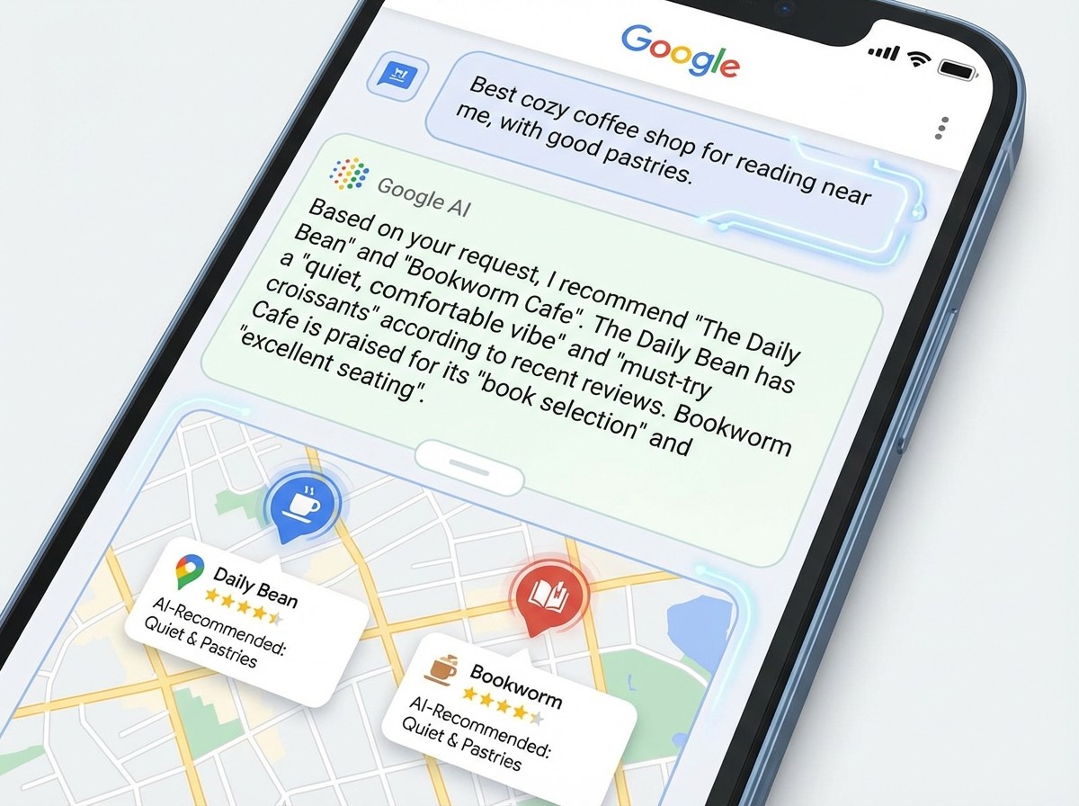 AI-powered Google Maps interface showing conversational search results for local businesses, highlighting how AI recommends services based on reviews, profiles, and content.