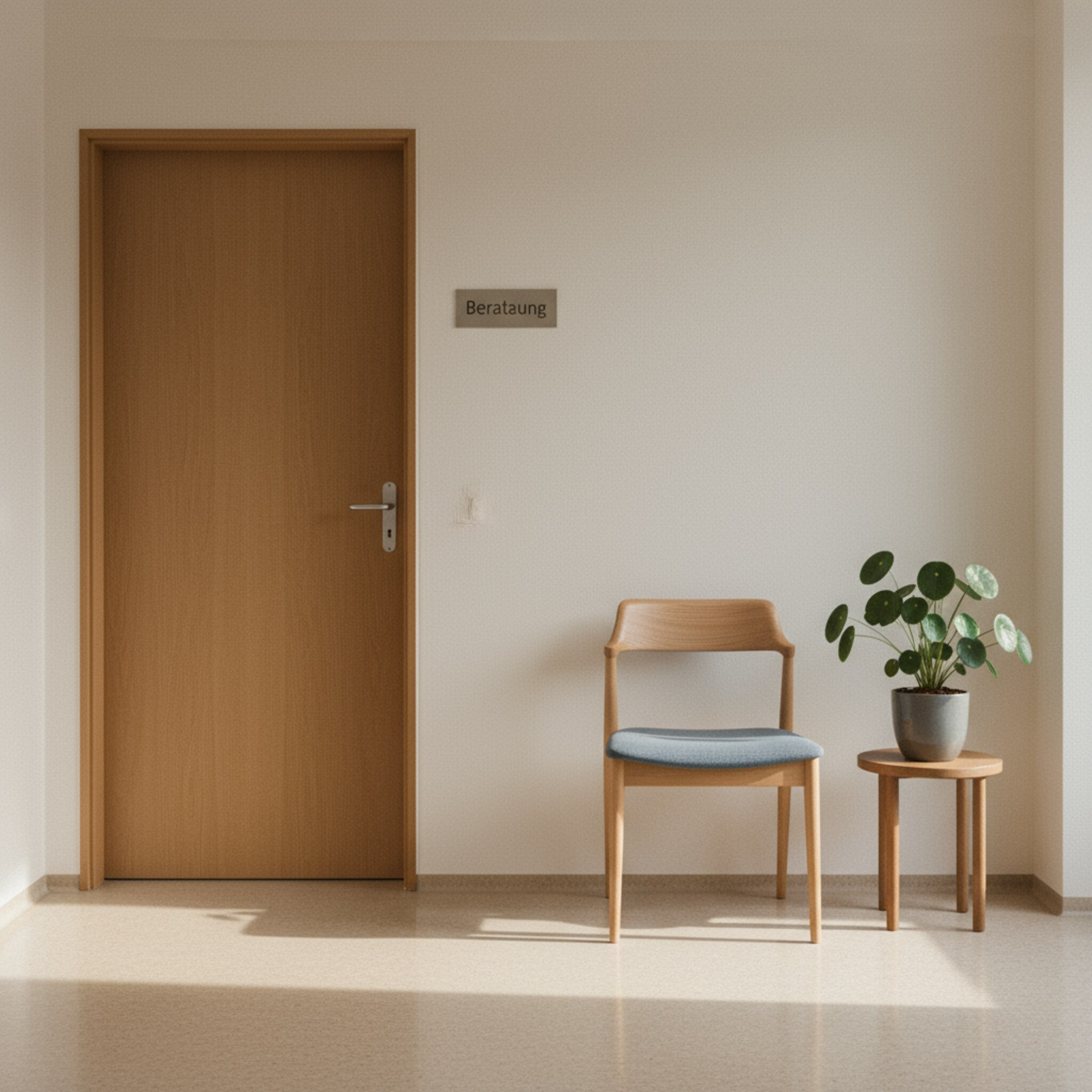 Ein dezenter Flur mit einem schlichten Schild Beratung neben einer geschlossenen Tür. Ein Stuhl steht an der Wand, daneben eine kleine Pflanze. Diffuses Licht sorgt für Geborgenheit. Die Szene vermittelt Ruhe, Rücksicht und Vertraulichkeit ohne personenbezogene Hinweise.