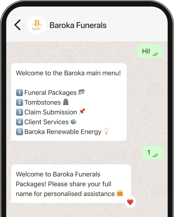 Baroka Funerals WhatsApp chat: User greeted with menu options including funeral packages, tombstones, claims, client services, and renewable energy.