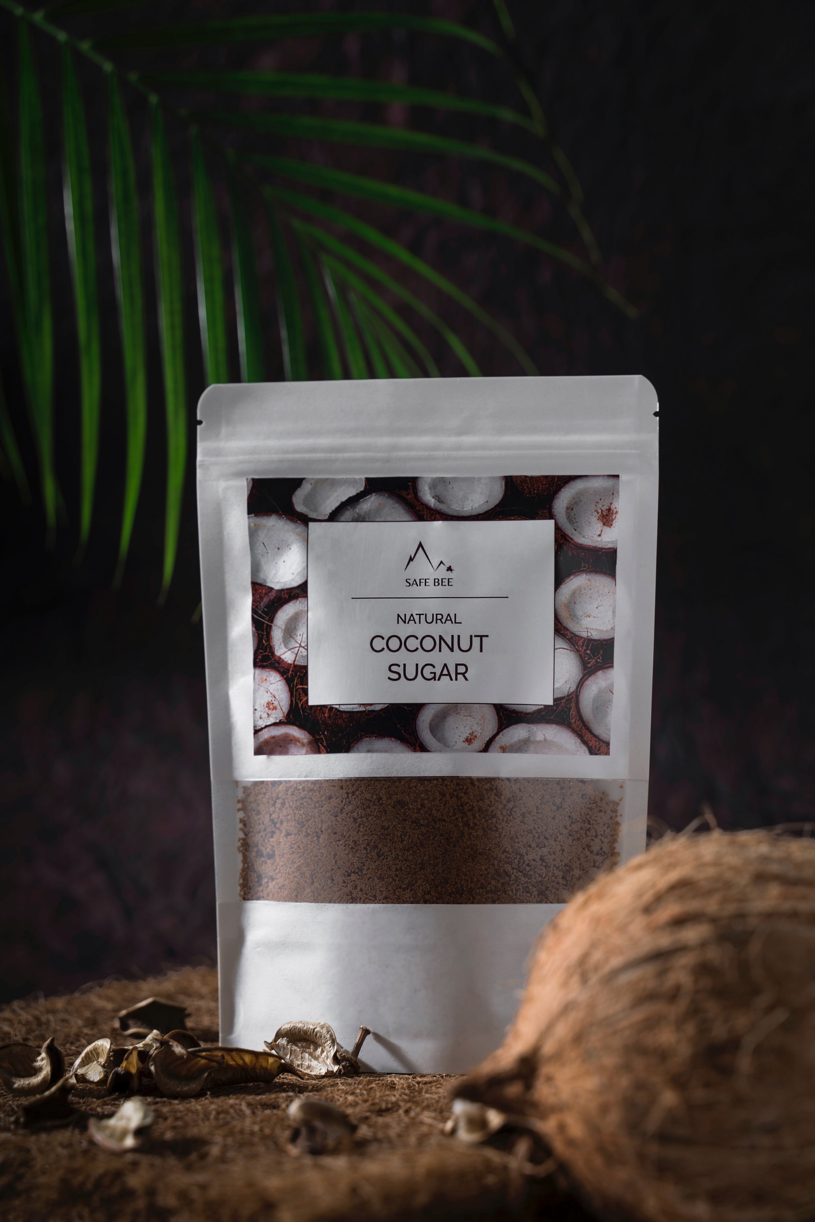 A package of coconut sweetener with a whole coconut blurred in the foreground