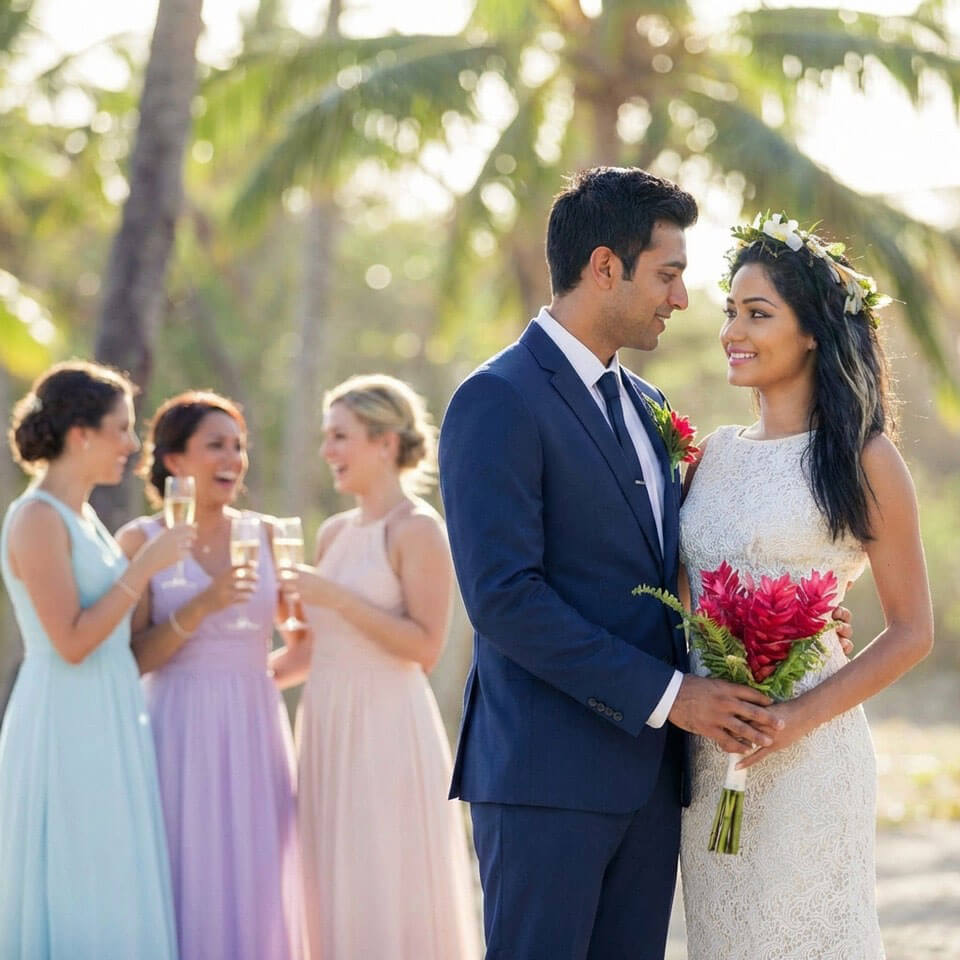 A newly wedded couple sharing a sunset gaze after getting married on the beach in Fiji, bridesmaids pictured in the background