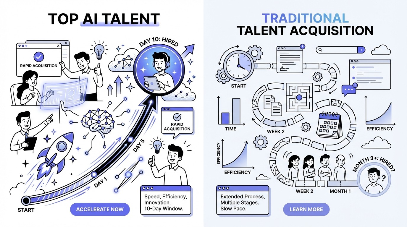 Infographic showing a stark contrast between the speed of hiring top AI talent (a fast 10-day window) and traditional talent acquisition (a much slower, extended process). The AI side features a rapid progress bar and neural network graphics, while the traditional side shows a winding, slow timeline.