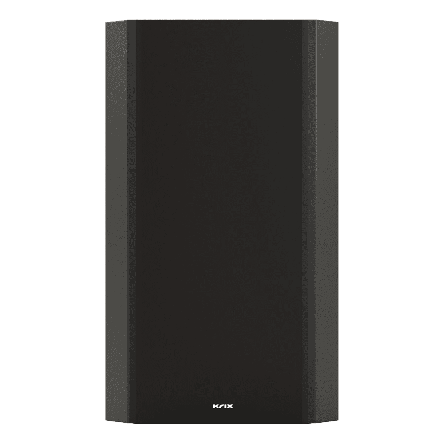 Black speaker with angled sides and logo