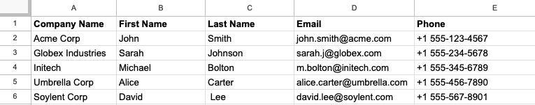 Example of CSV file
