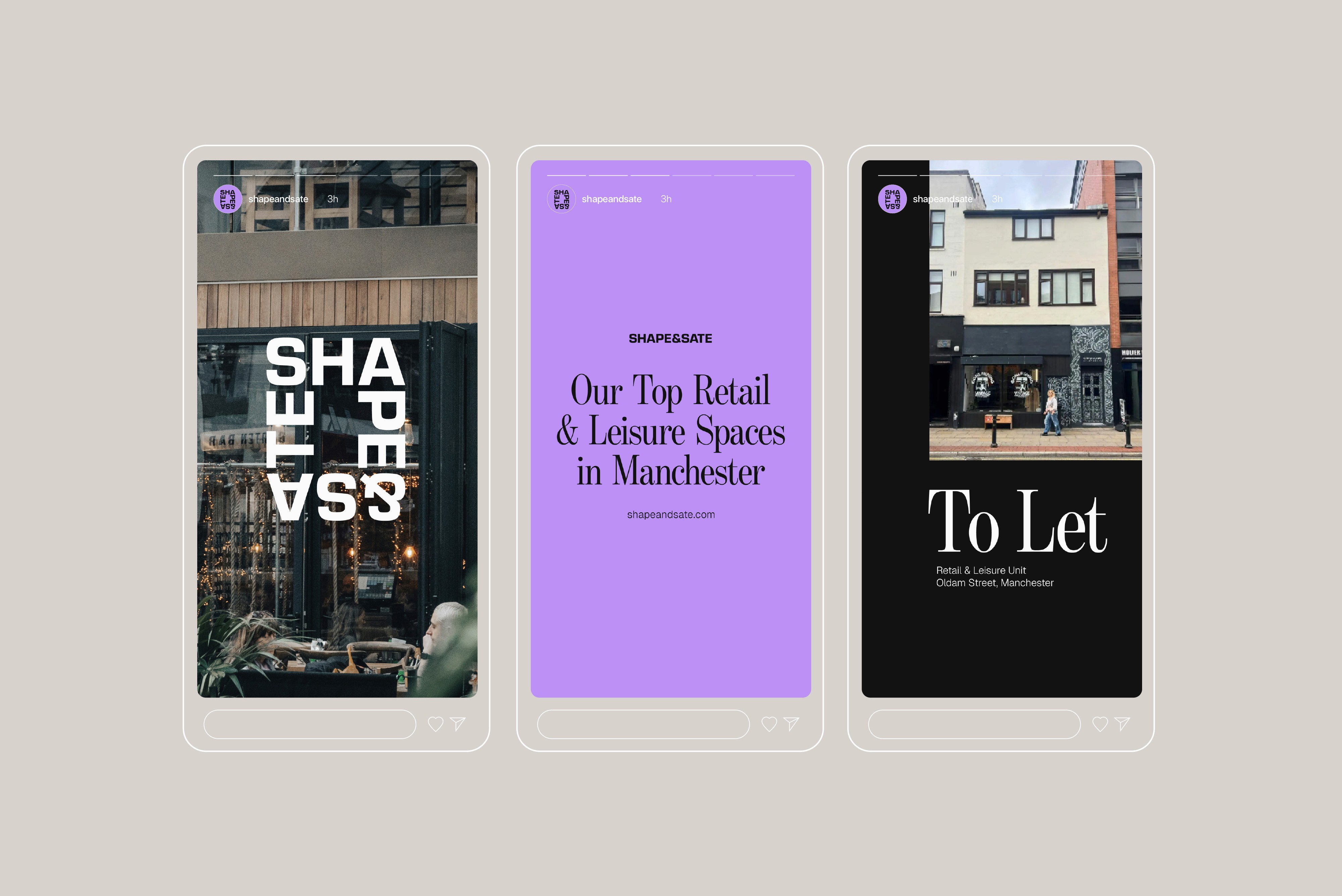 Shape & Sate Property Consultancy brand identity — LinkedIn profile page for Alex Haigh showing Shaping spaces. Satisfying outcomes. brand messaging applied to social media