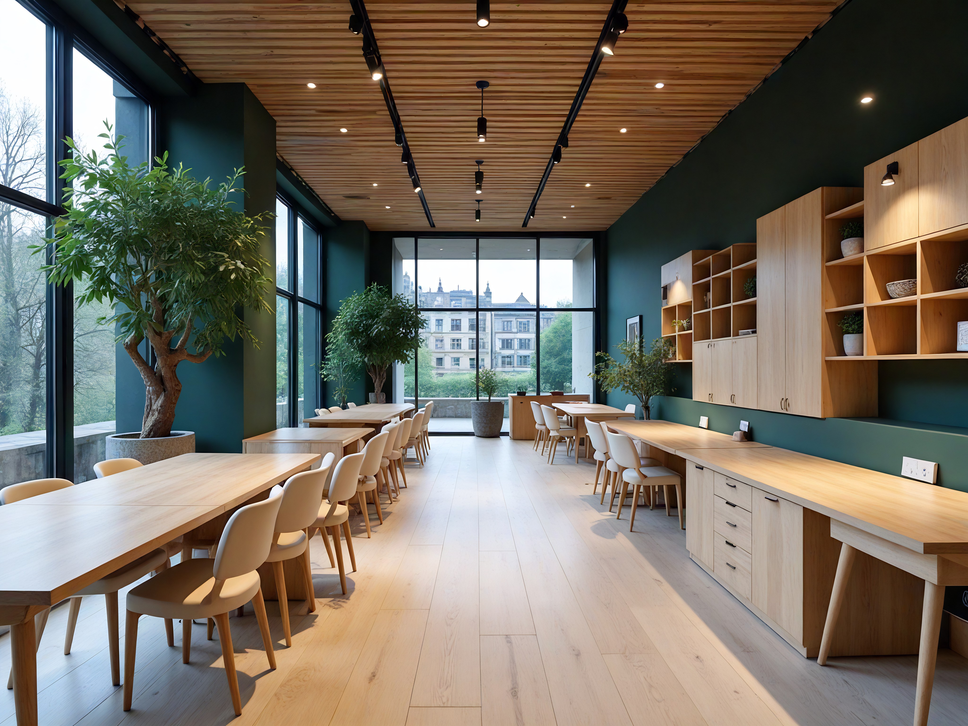 A spacious dining room with off-white marble-patterned flooring, off-white walls with light grey raised panels, and a high ceiling with two skylights and a decorative frieze. The centerpiece is a white square marble table with ten dining chairs, some of which are beige. In the center of the table is a decorative dark green-colored vase with a planted small bush. In the far corner to the left is a tall dark green potted plant. Above the limestone fireplace in the far right corner is a textured grey square artwork.