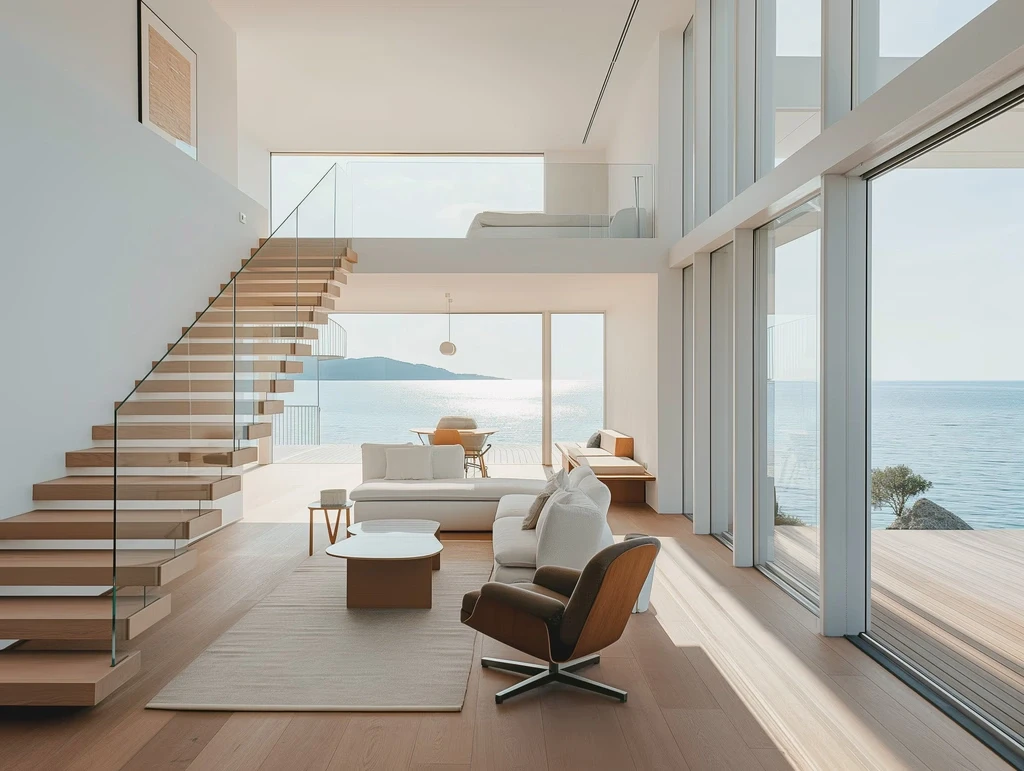Bright modern luxury apartment interior with open living room, wooden staircase, floor-to-ceiling windows, and panoramic ocean view in India.
