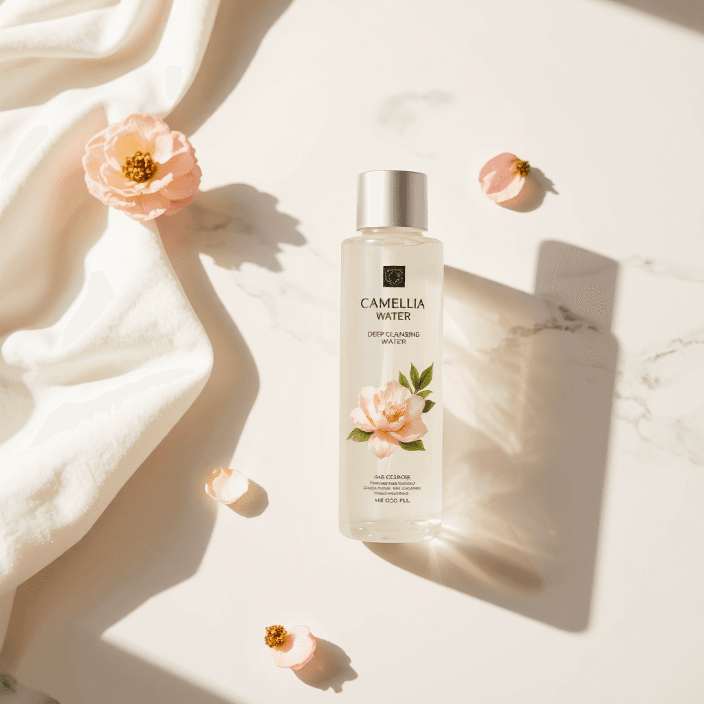 product photography of bottle of camellia deep cleansing water