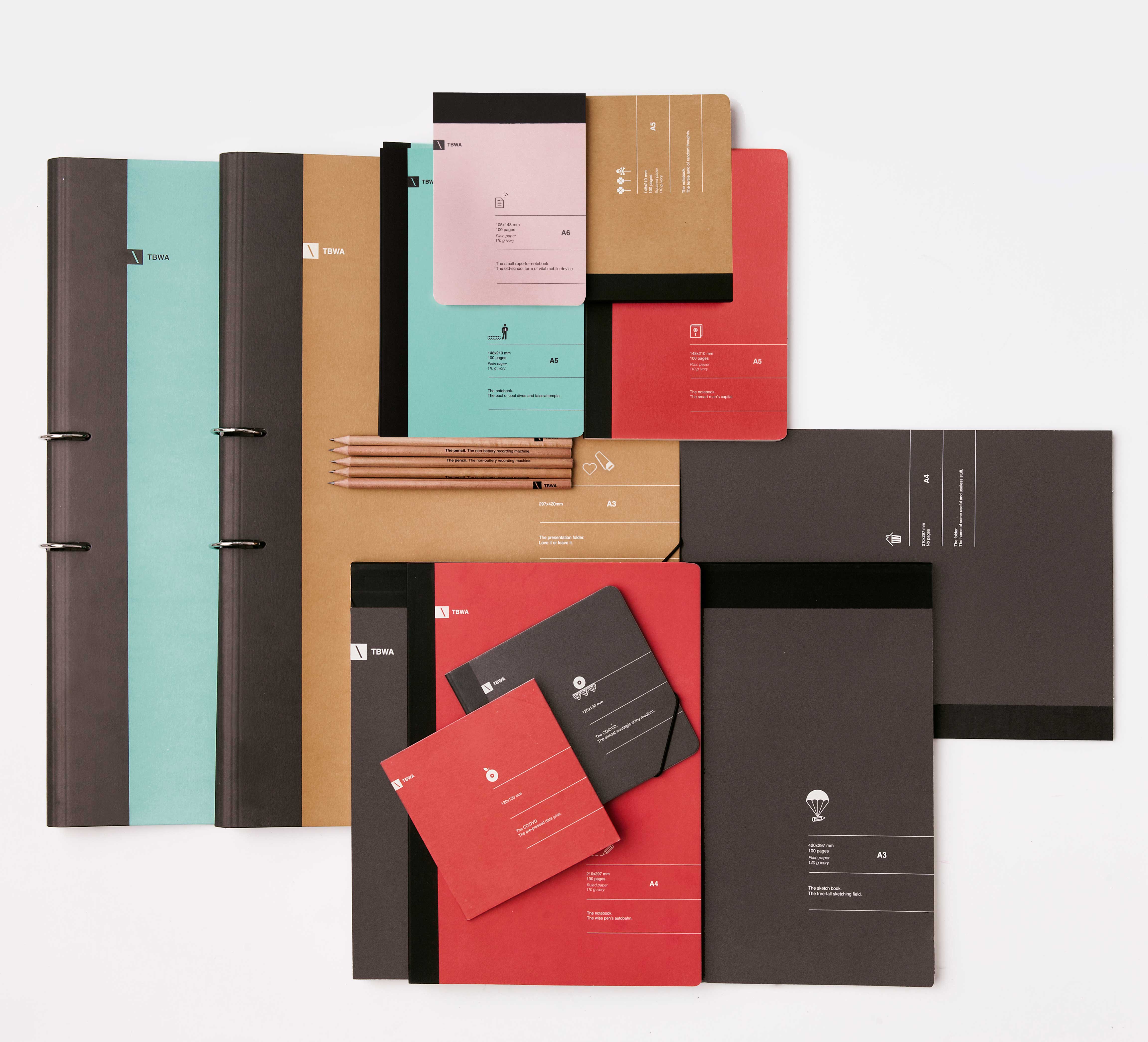 A photo of different notebook cover designs and some crayons.