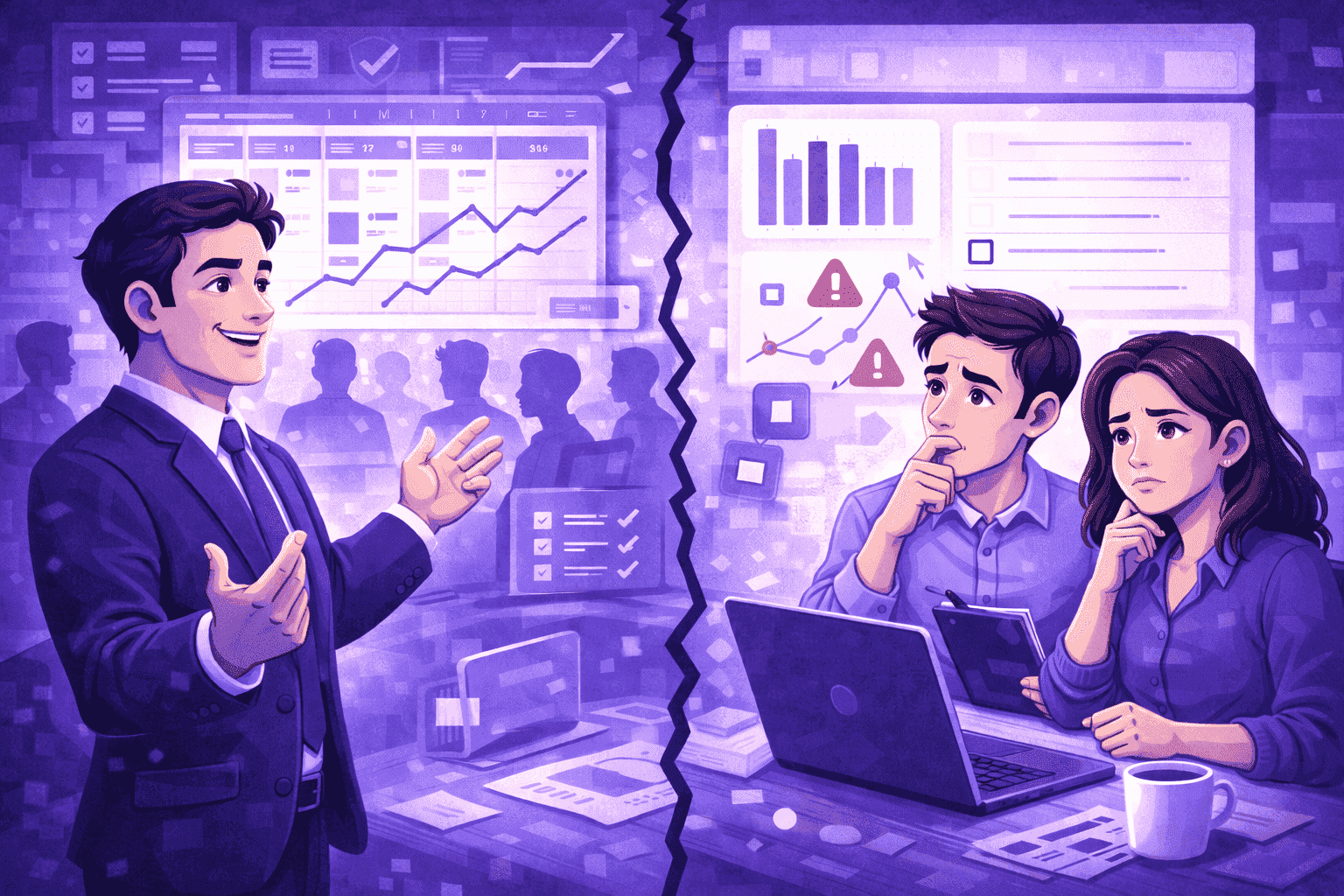 Leader confidently presenting positive dashboards while employees analyze data showing hidden issues and performance gaps