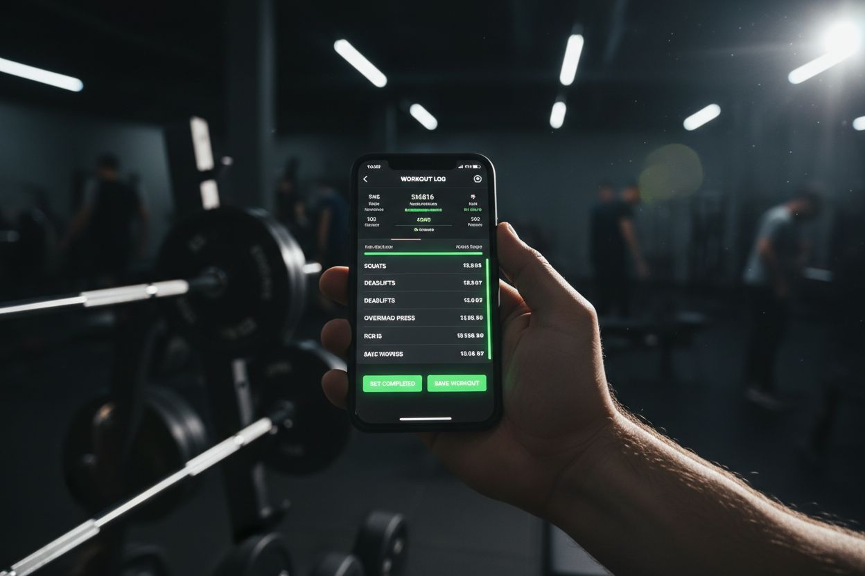 A smartphone displaying a workout log in a gym