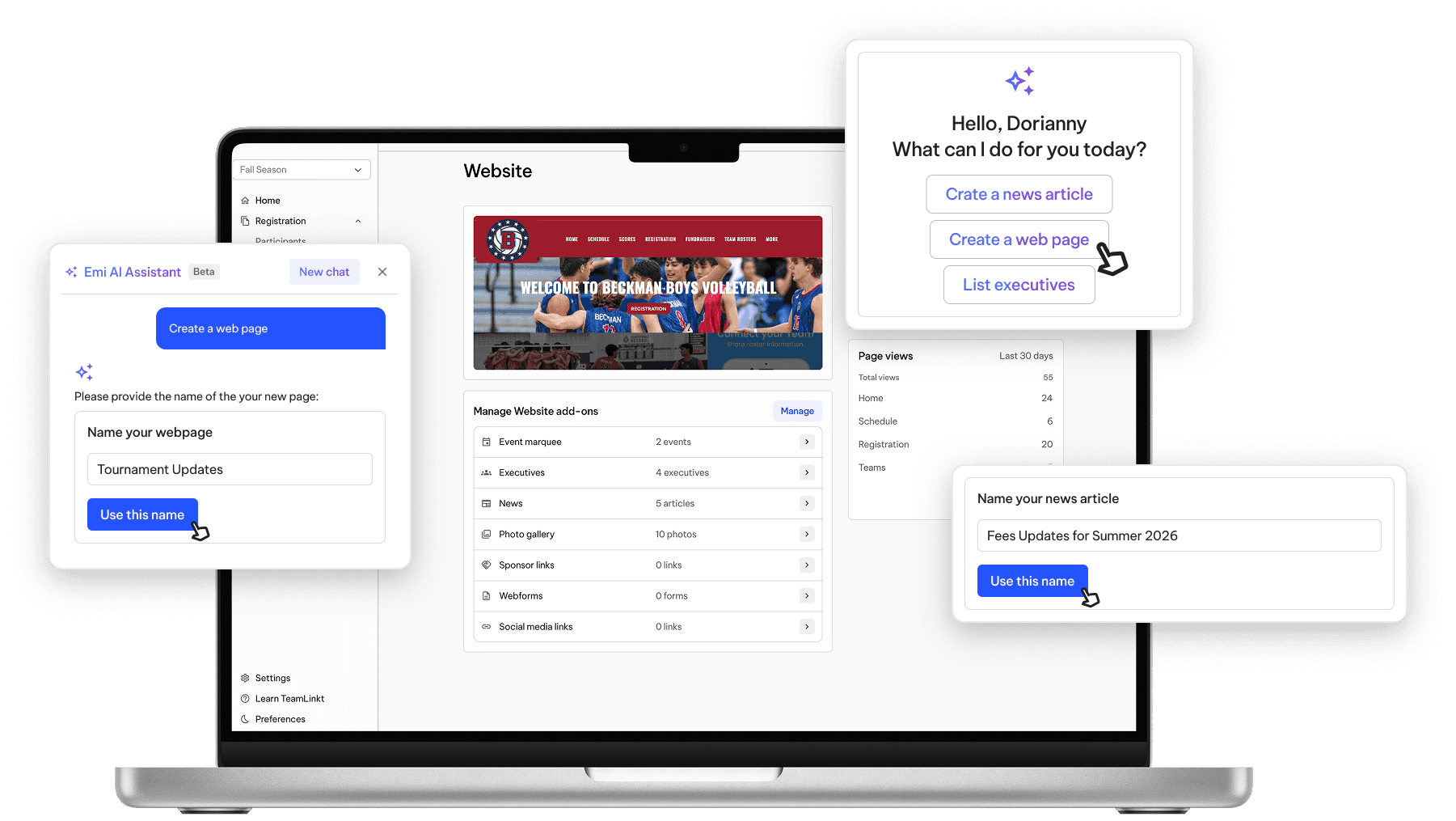 TeamLinkt's Volleyball Website Builder with Emi AI Assistant Tool