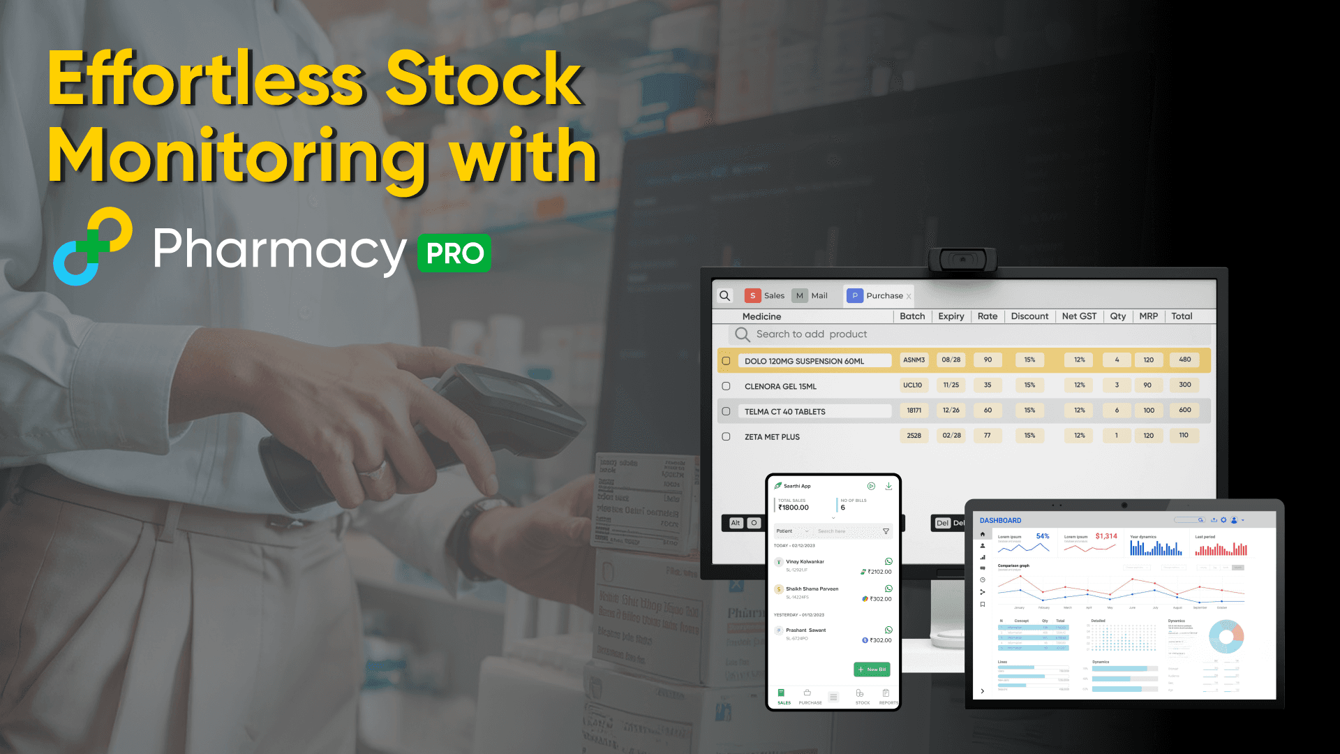 Pharmacy Pro software interface highlighting effortless stock monitoring with features like barcode scanning and real-time dashboards.