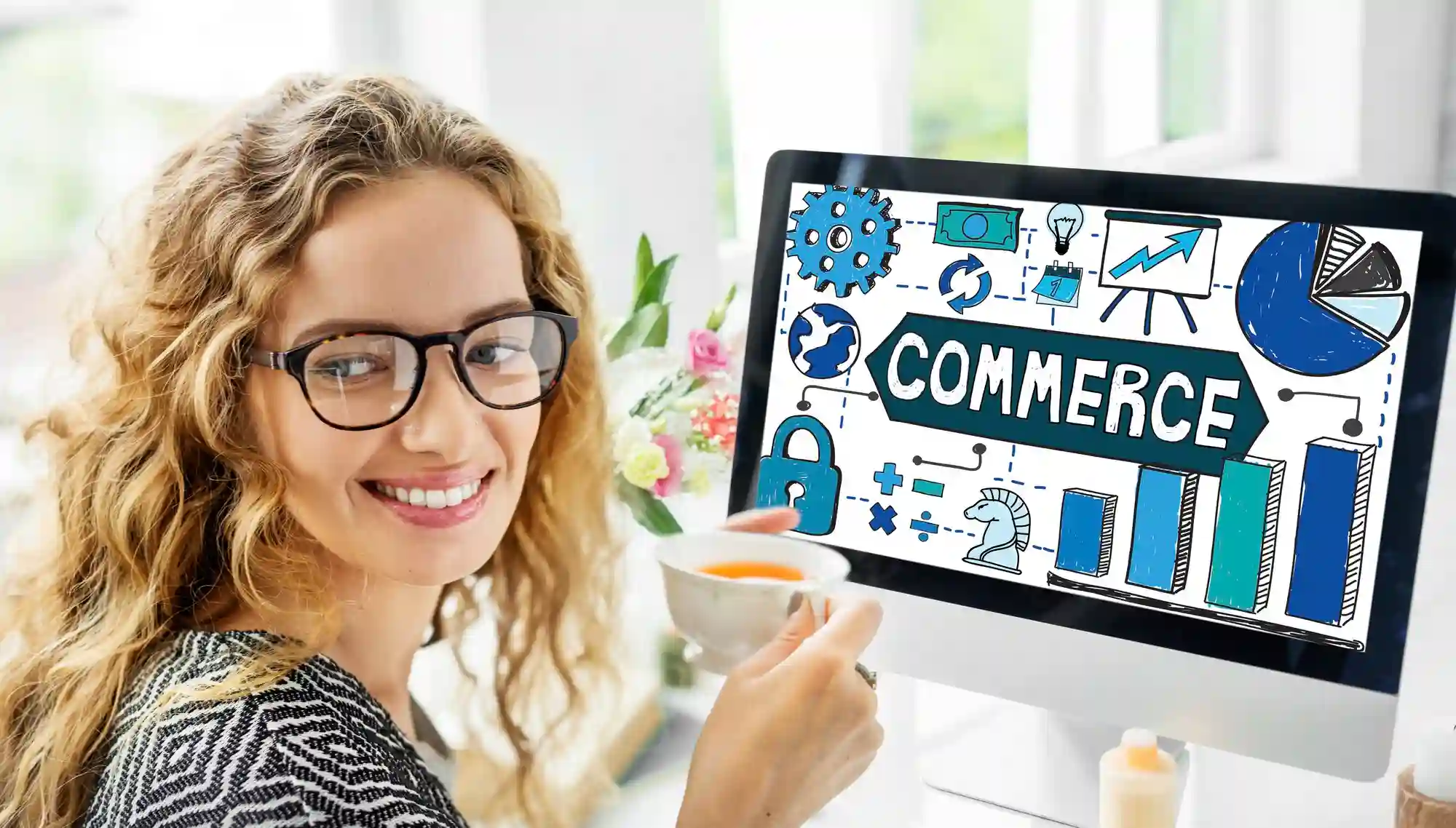 Woman smiling while working on a computer displaying a "Commerce" concept graphic with various business icons and charts.