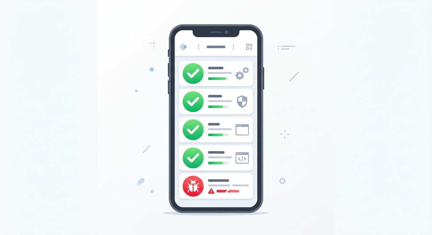 Smartphone screen showing quality assurance test results with checkmarks and a bug icon.