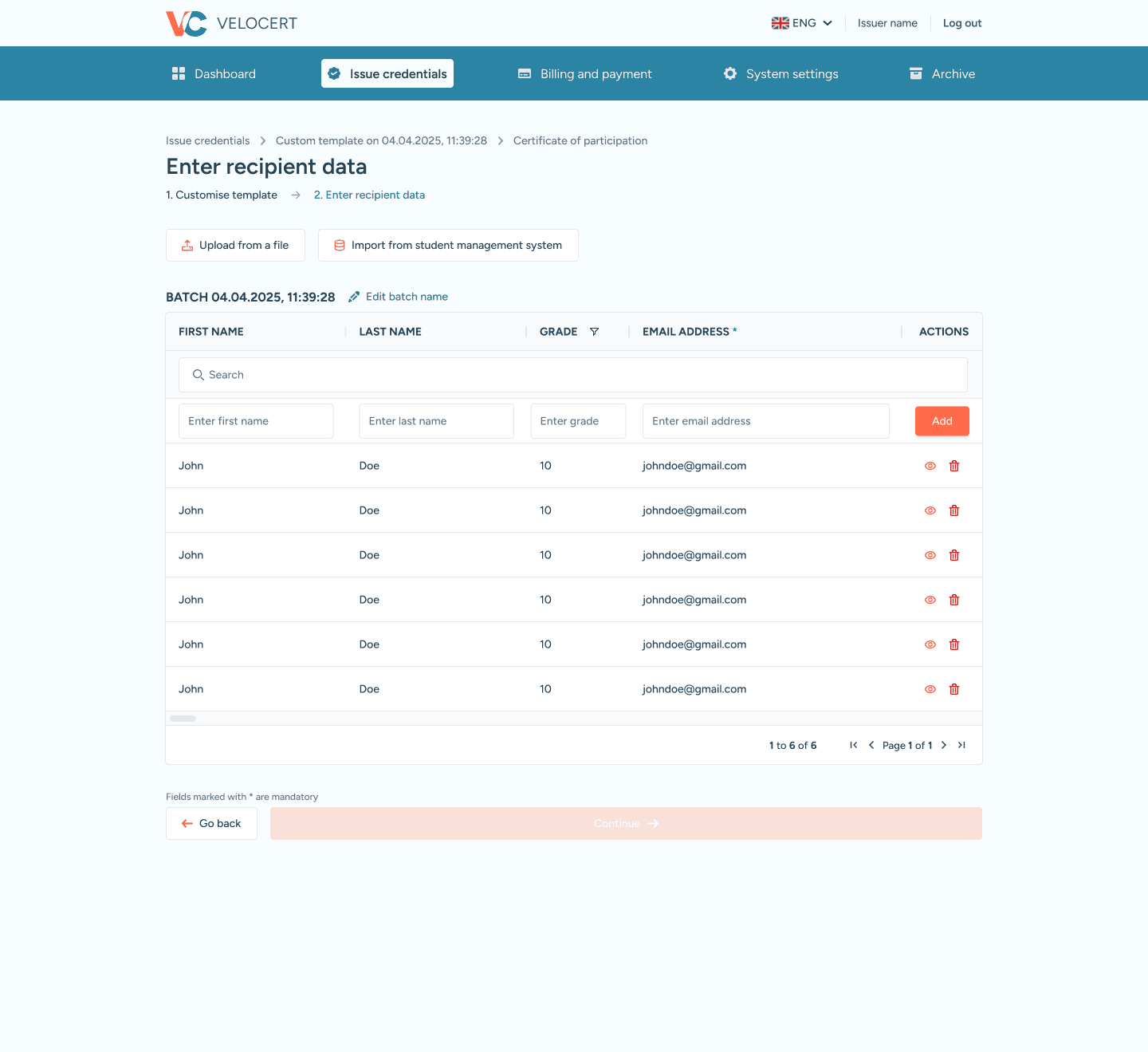 Velocert enter recipient data