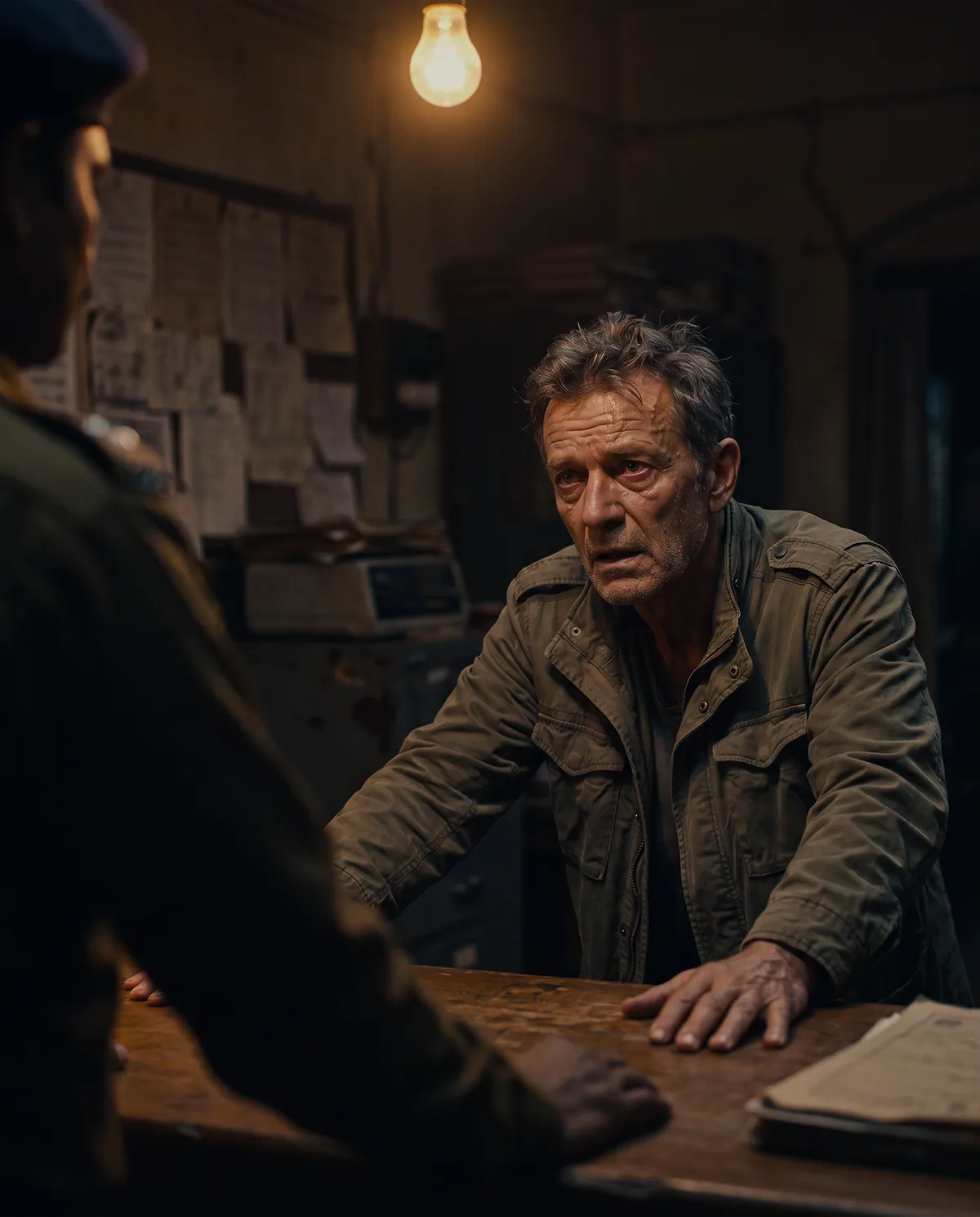 Concept art: a weathered man in his fifties in a worn field jacket leaning on a counter under a bare bulb, talking to an official across it.