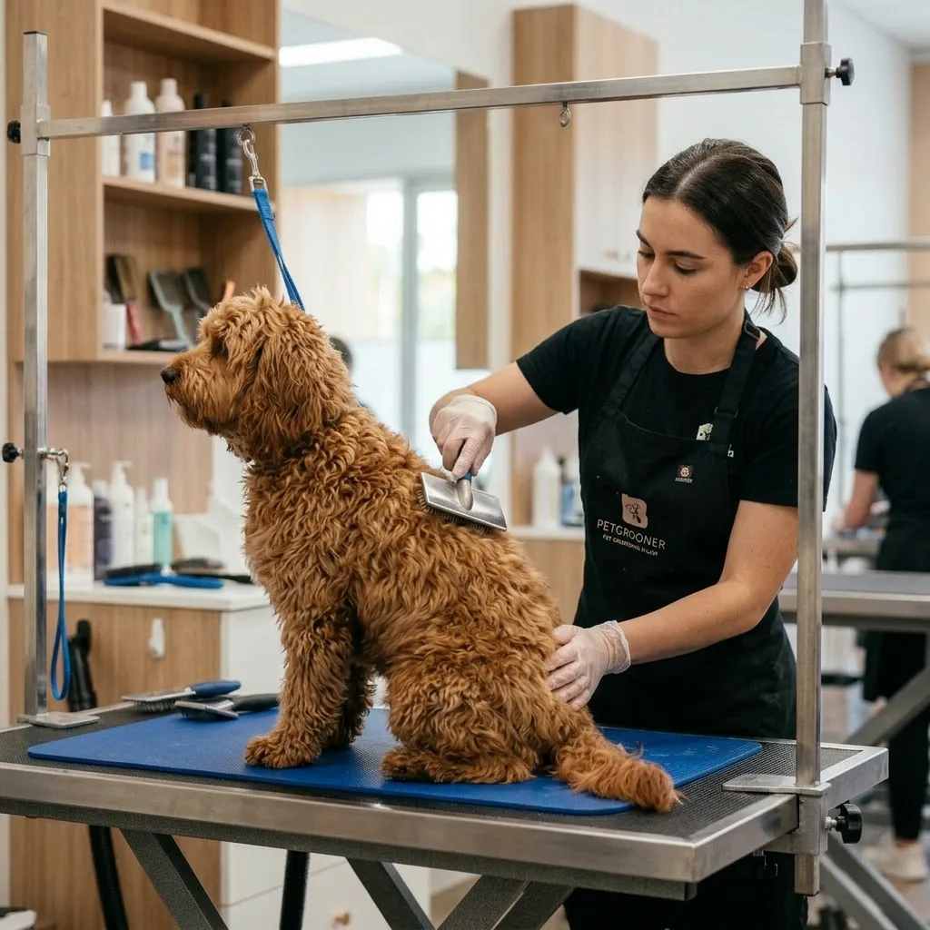 profissional escovando cachorro em pet shop