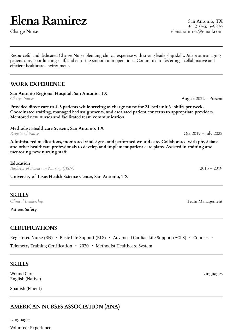 Charge nurse resume example emphasizing leadership