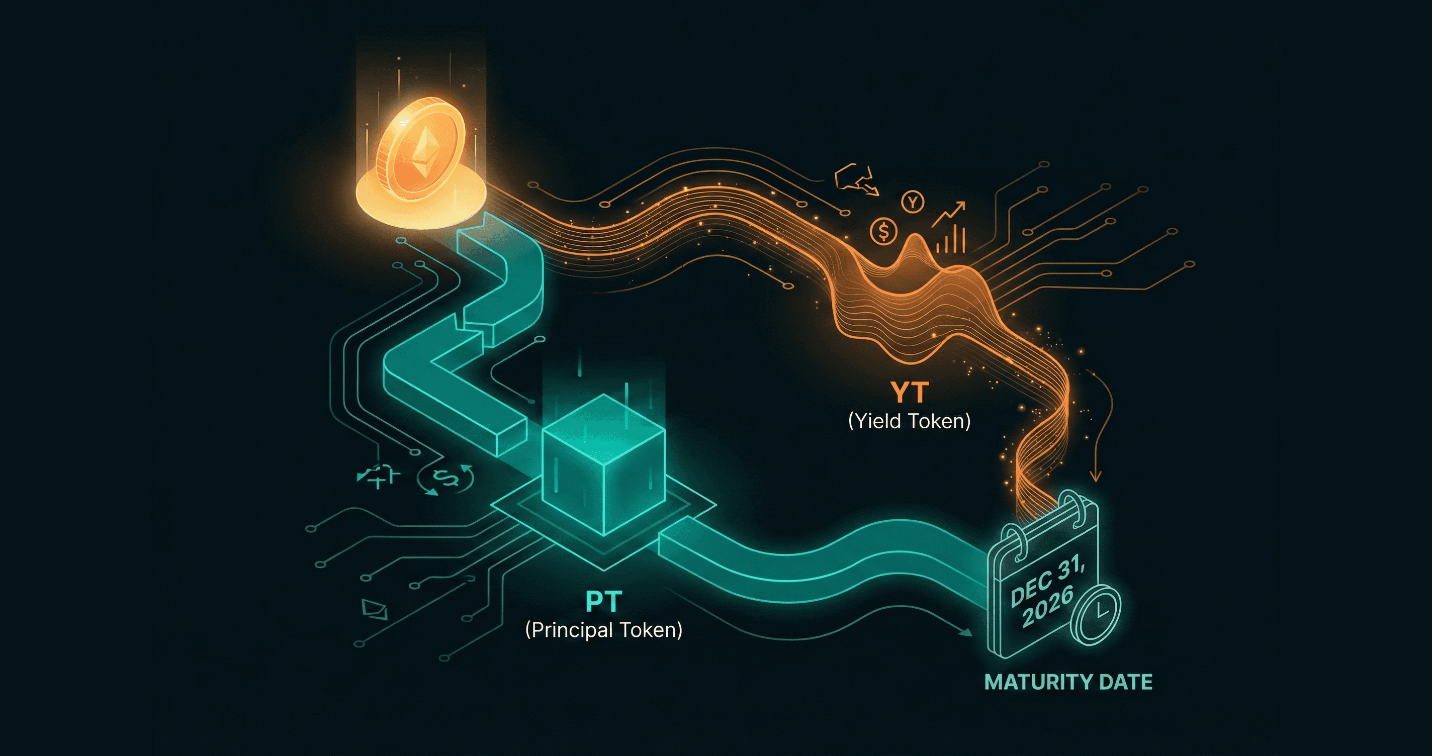 Yield-bearing token splitting into two pieces labeled PT and YT with maturity date calendar