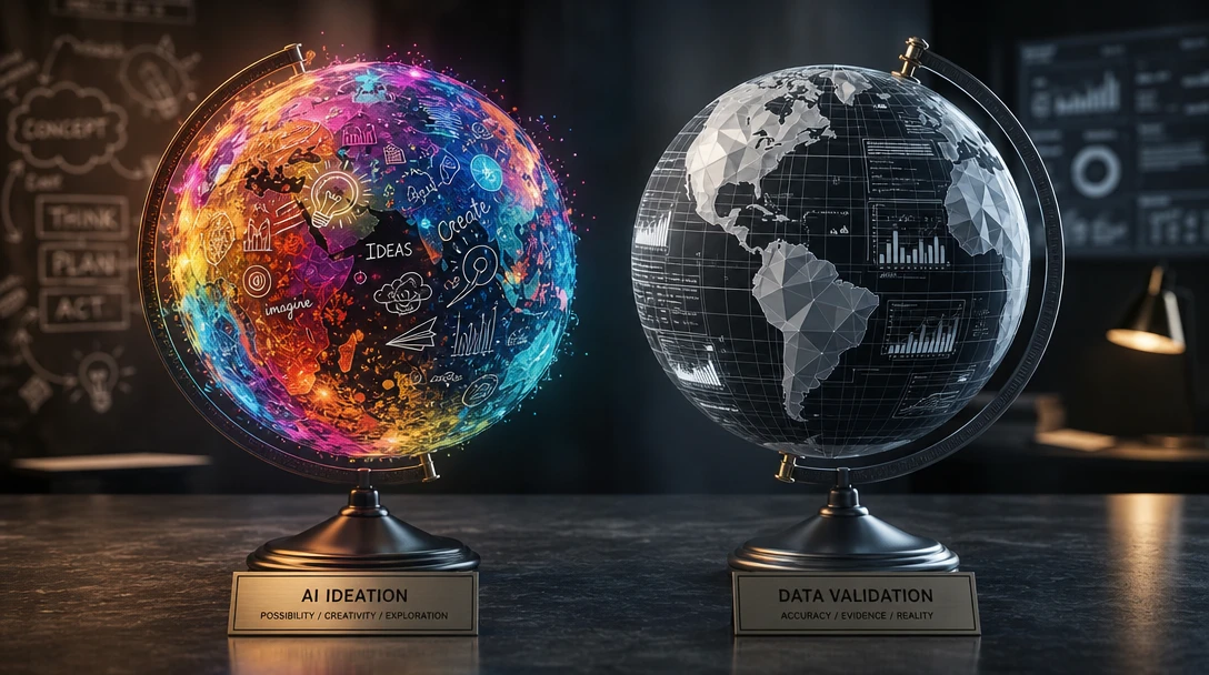 A conceptual image showing two glowing spheres representing ideas side-by-side with hard data metrics.