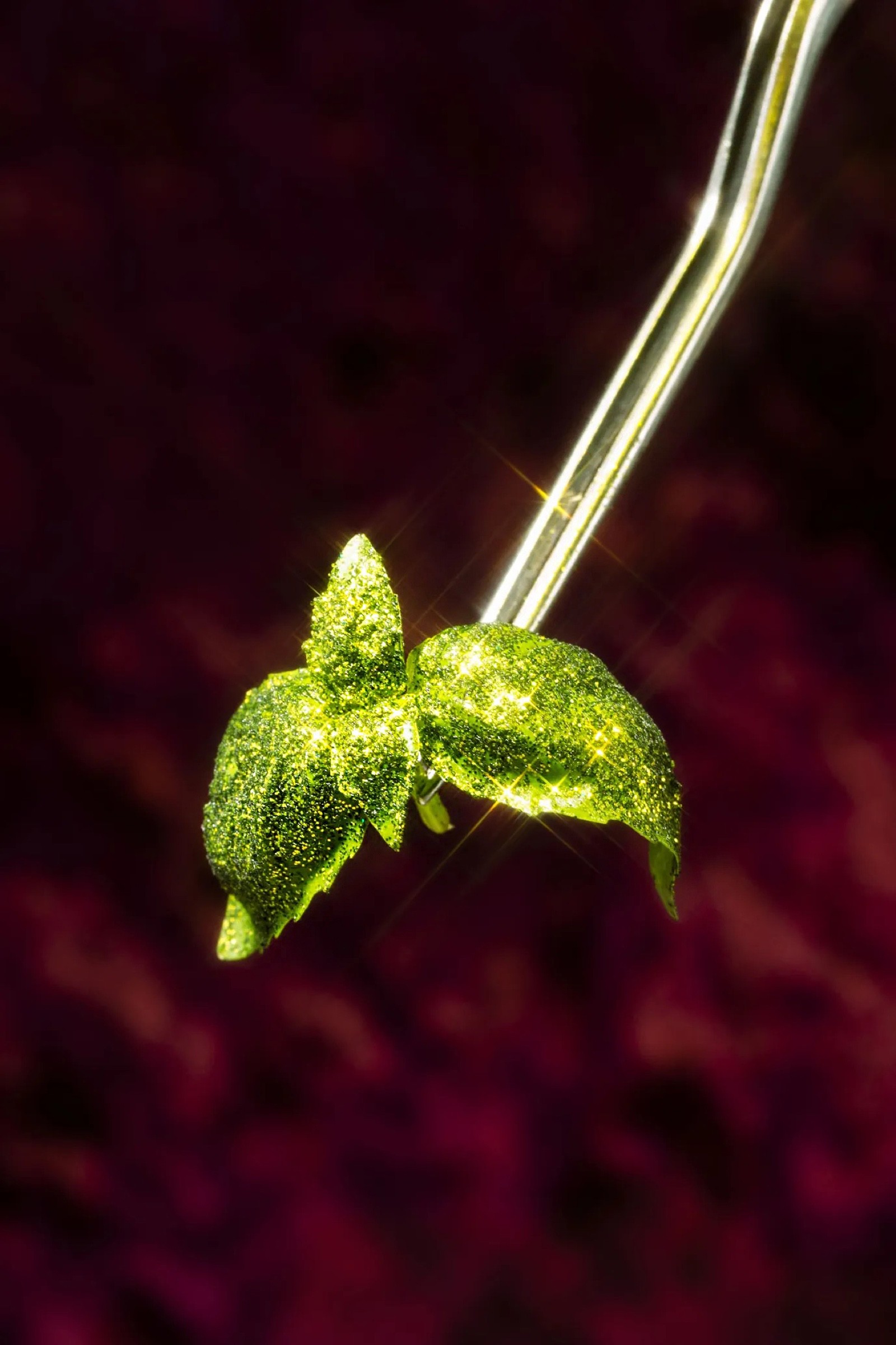 Glittered basil leaf editorial still life for Esquire Best New Restaurants.