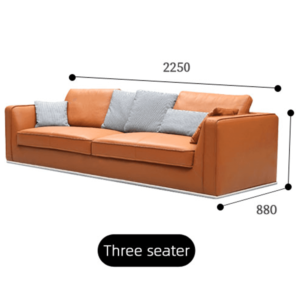 Modern burnt orange leather 2-seater sofa dimensions 1650×880×820 mm with gray textured pillows and chrome base – contemporary loveseat couch