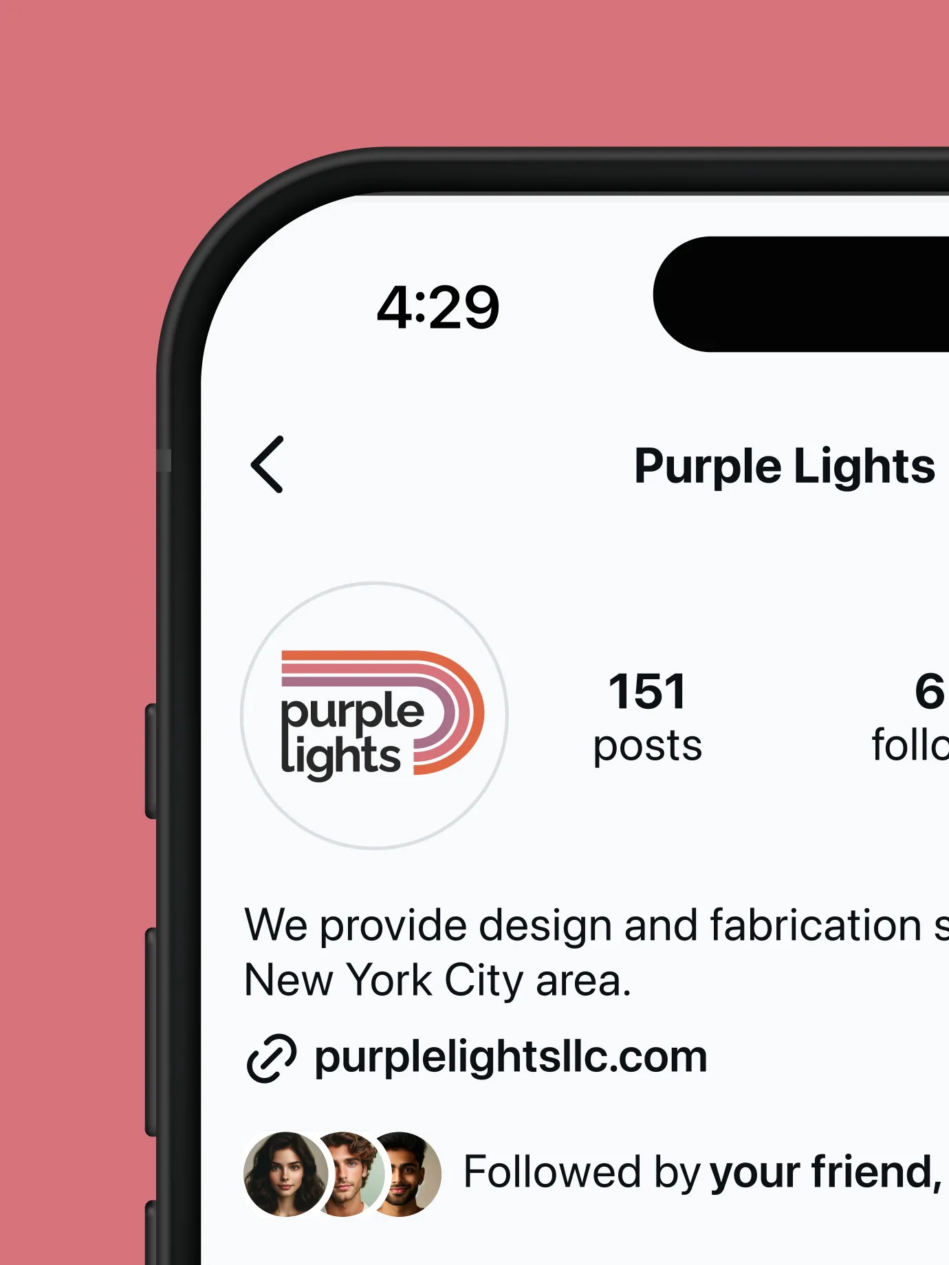 Purple Lights — iPhone mockup showing Instagram page — Social media branding