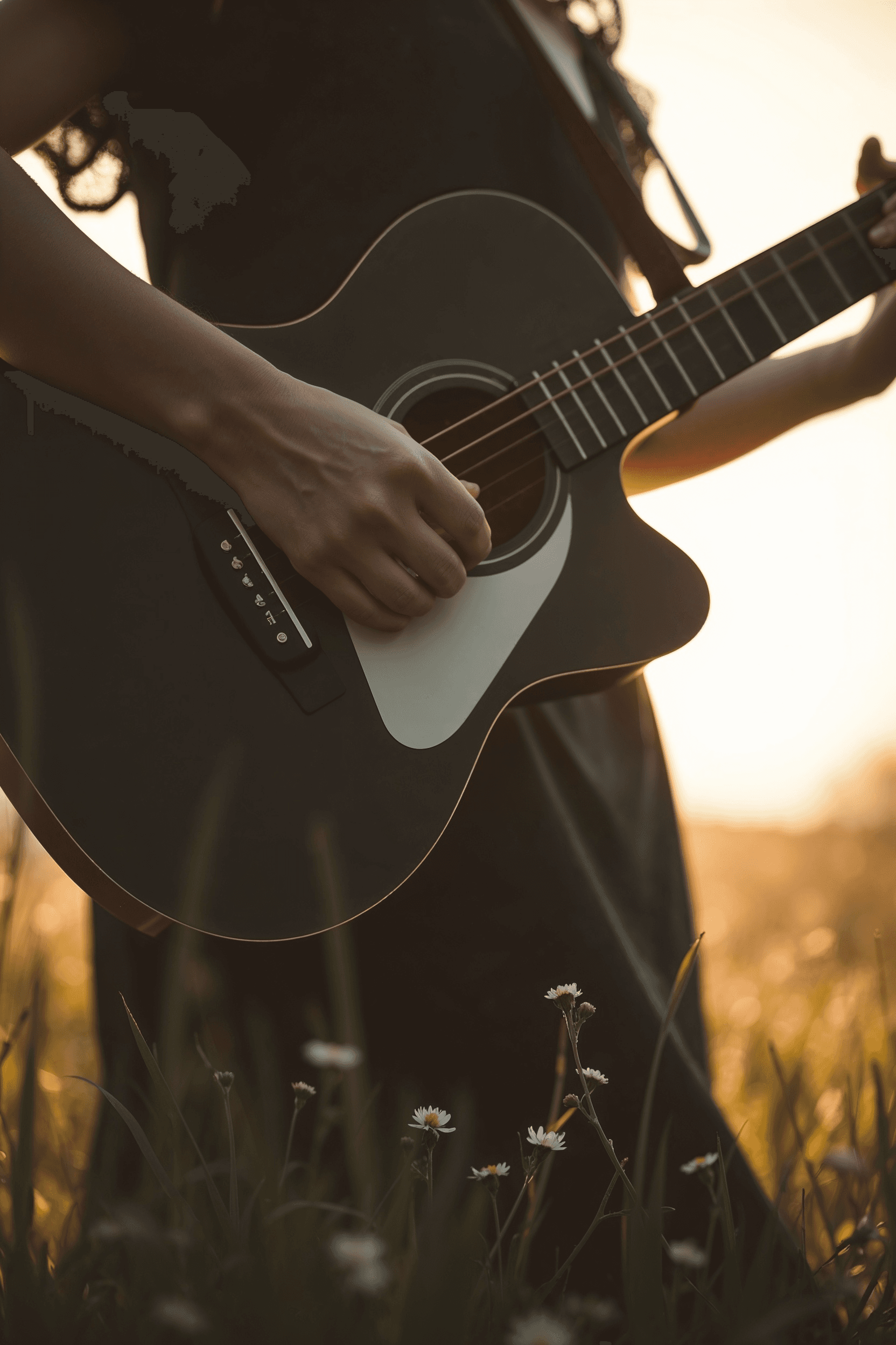 Woman in a black dress playing a black acoustic guitar in a sunny field.