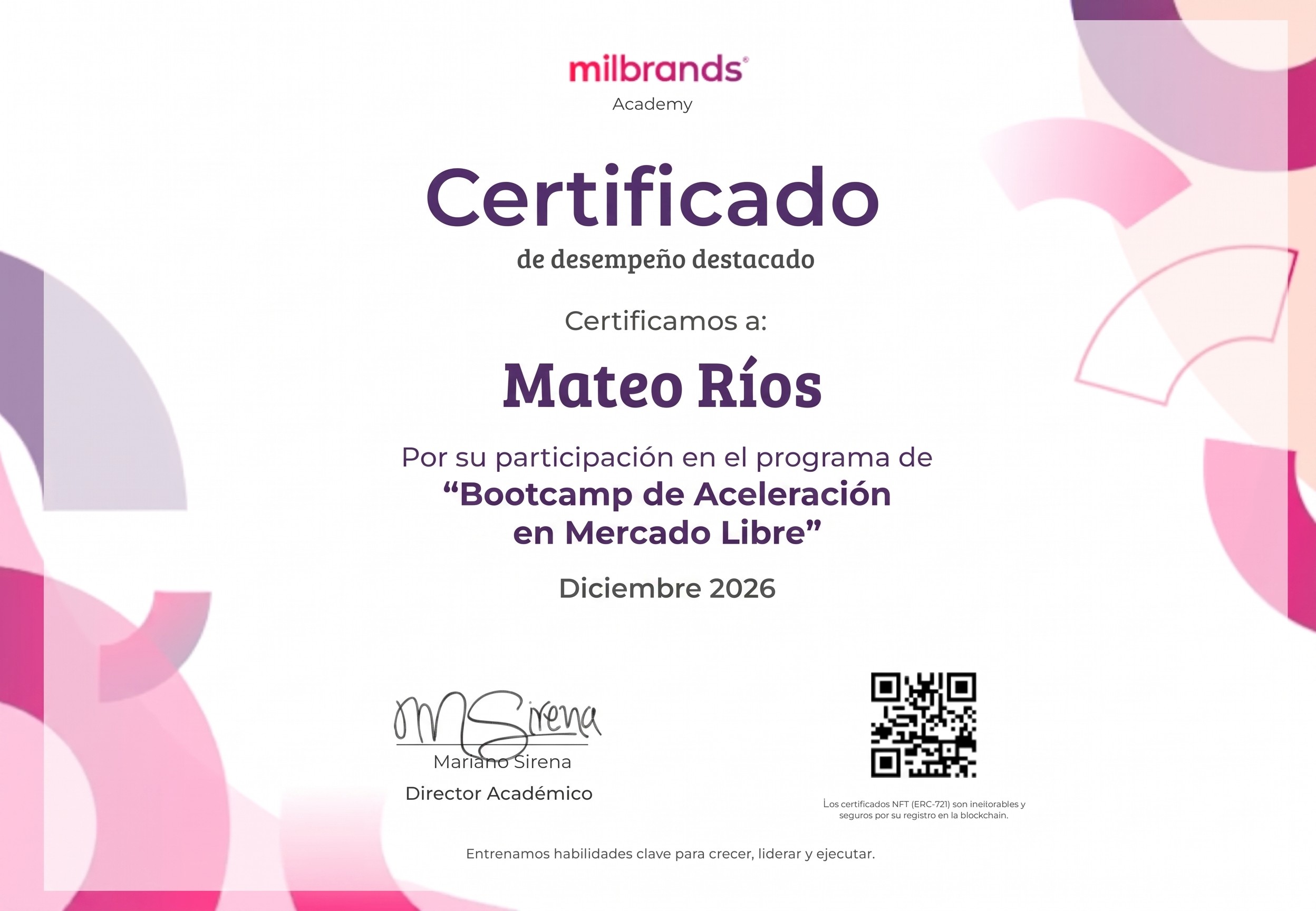 Certificado de participación en el Programa Marketplace Manager especializado en Mercado Libre de Milbrands Academy