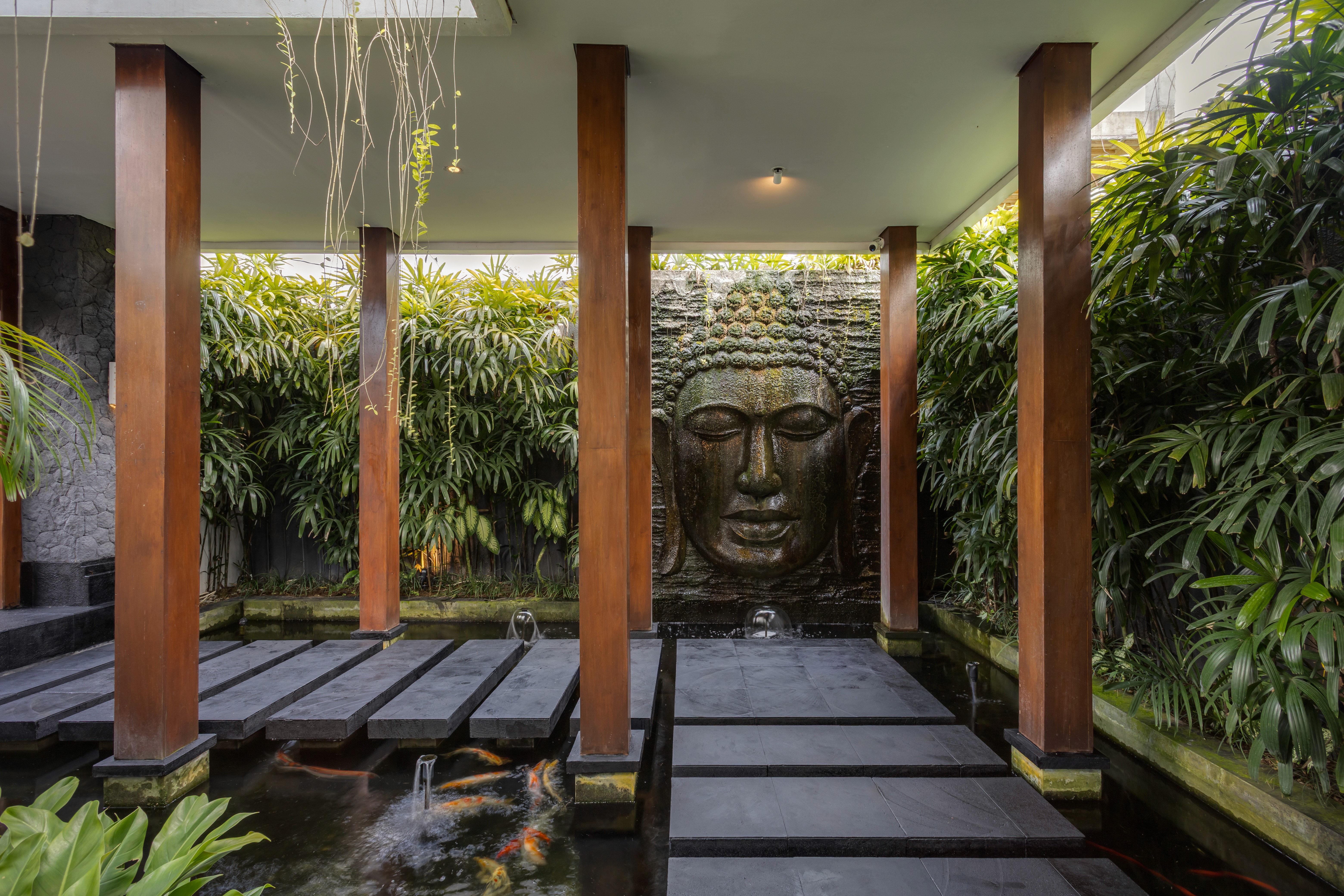 Modern balcony with mountain view and lounge chairs