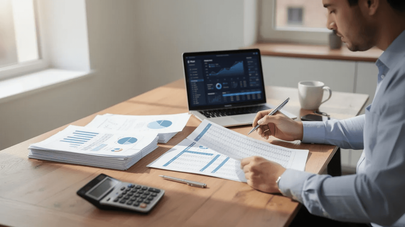 A person is focused on reviewing financial spreadsheets and documents at a well-lit desk, highlighting the importance of careful planning and management in family businesses. This scene emphasizes the need for informed decision-making and risk assessment when funding a family member's new venture.