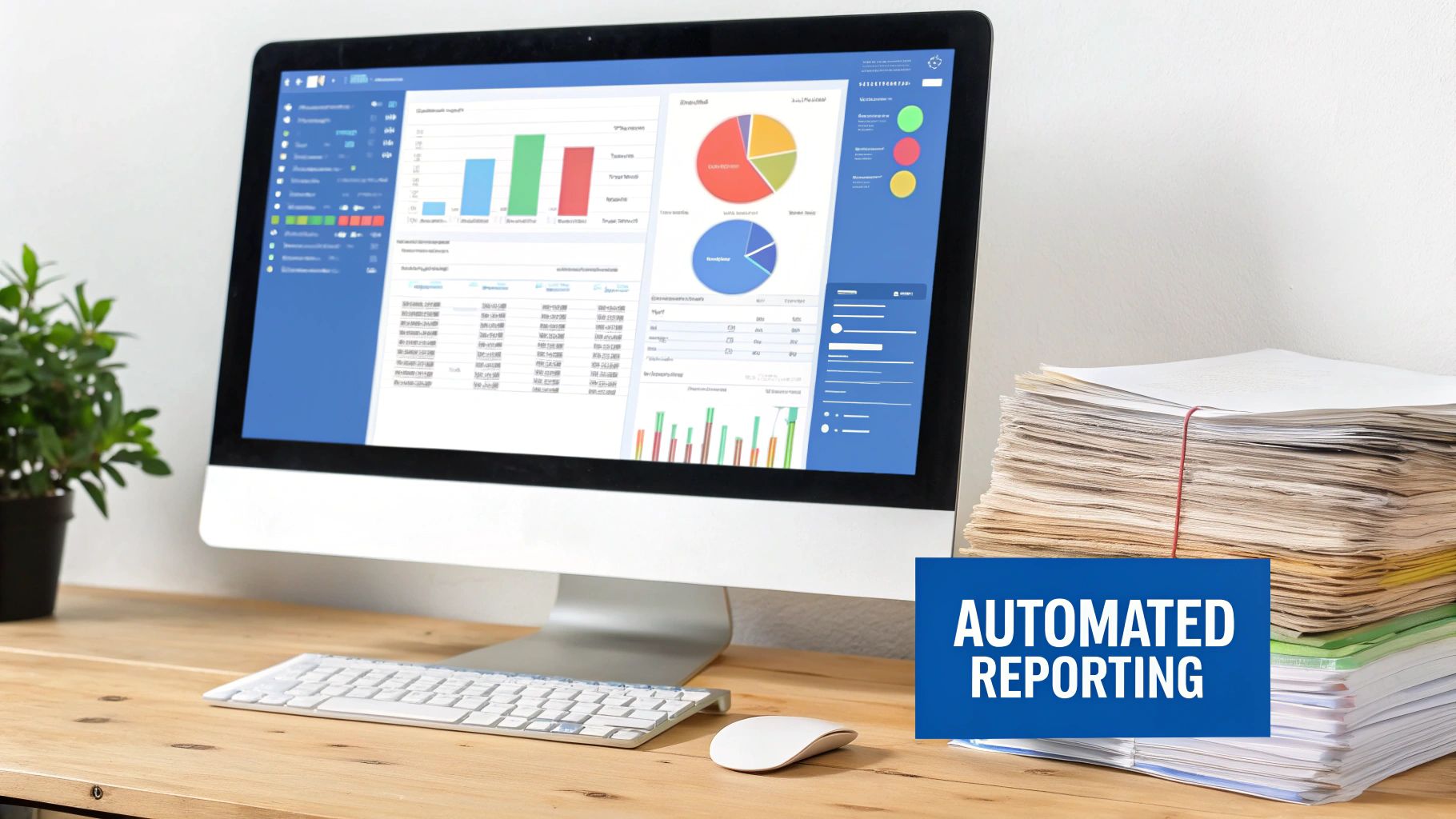 A team of professionals analyzing financial charts on a large screen, symbolizing the strategic insights gained from automated reporting.
