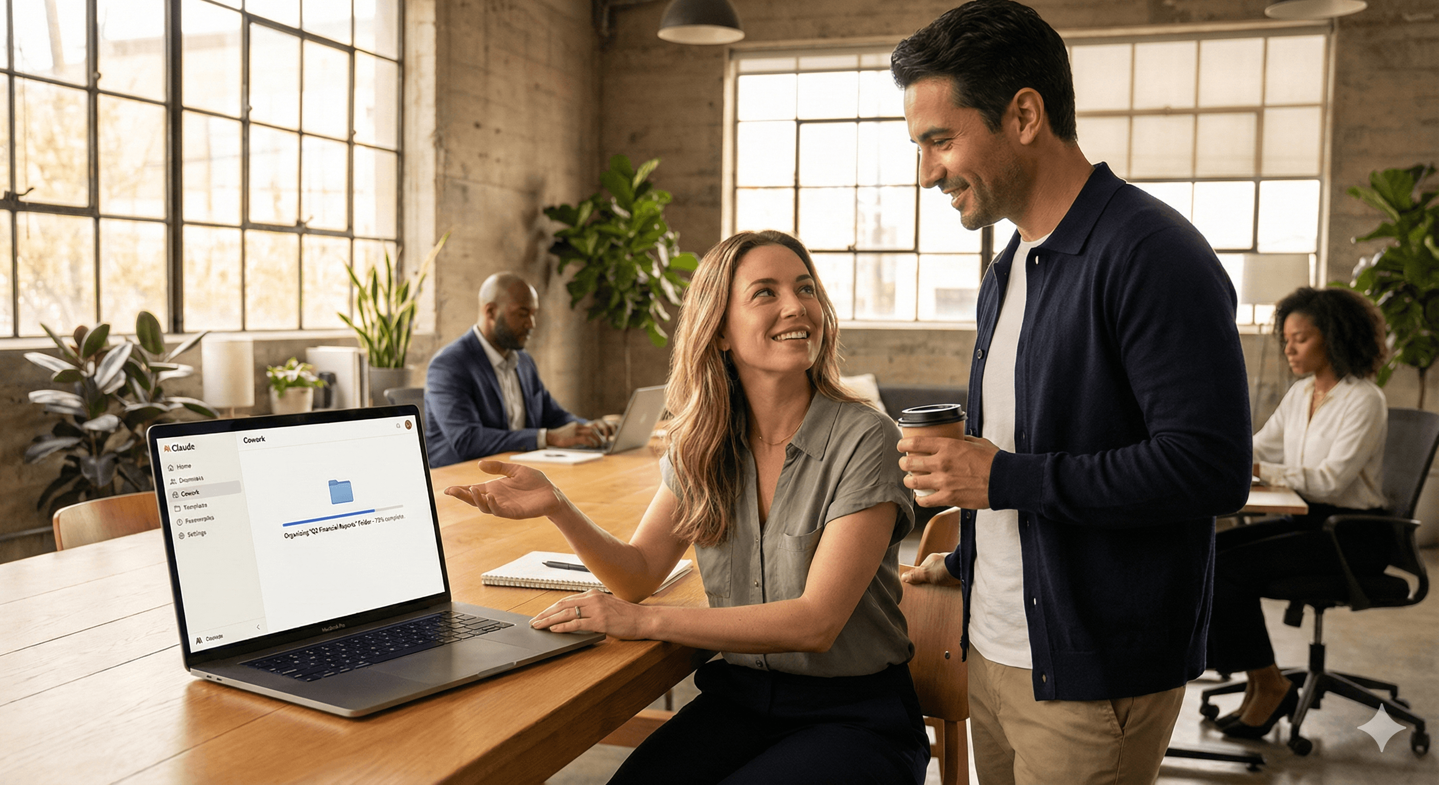 A modern coworking space with a group of professionals collaborating, featuring a laptop displaying a project, emphasizing teamwork and productivity in an open office environment.