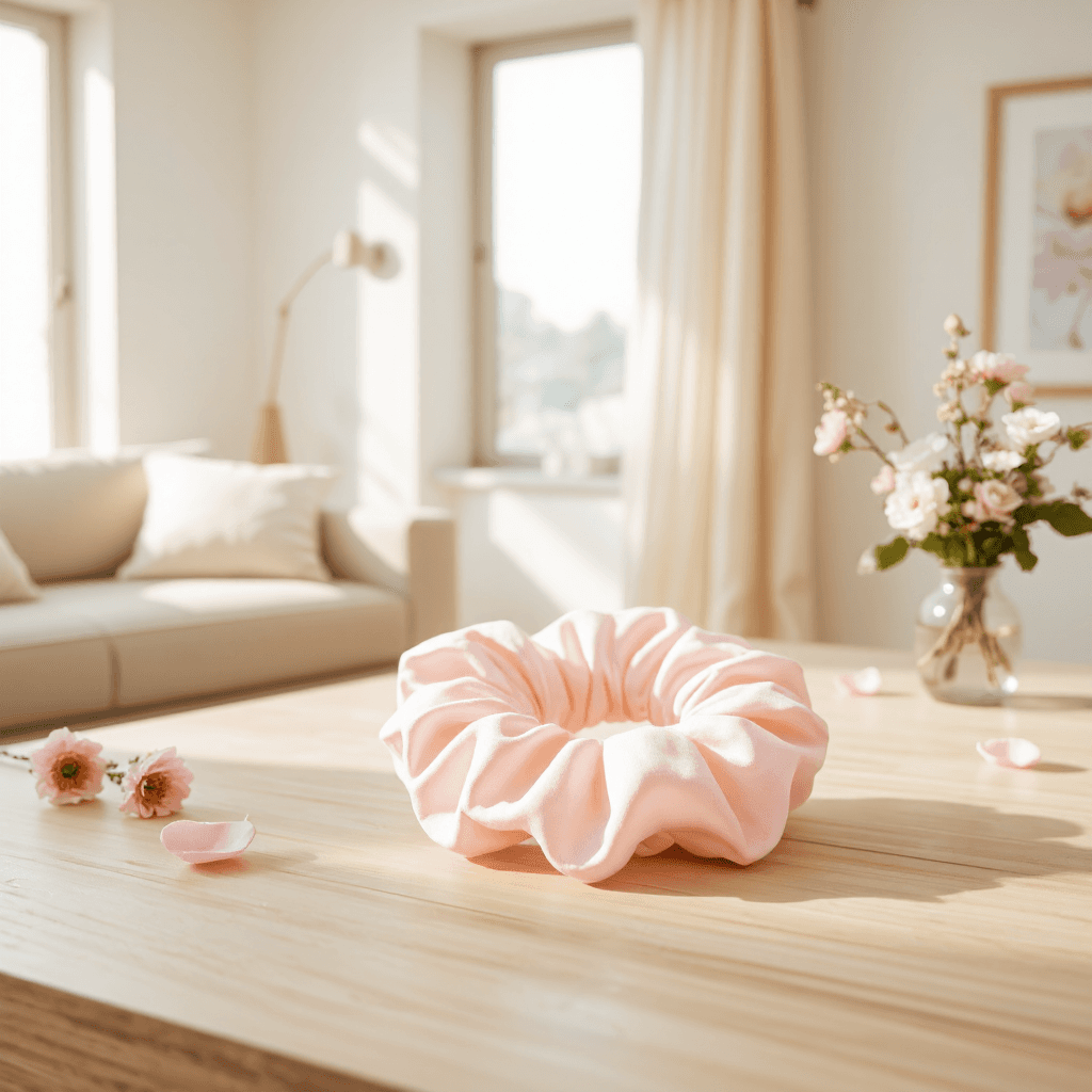 product photography of a hair accessory made of silk, used for tying hair