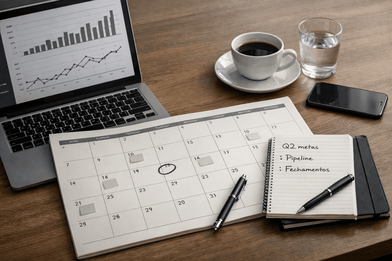 Mesa de planejamento corporativo com calendário mensal marcado, notebook exibindo dashboard de desempenho de vendas B2B, bloco de notas com metas e pipeline comercial, em ambiente de escritório organizado, transmitindo análise de cenário, controle e planejamento estratégico de longo prazo.