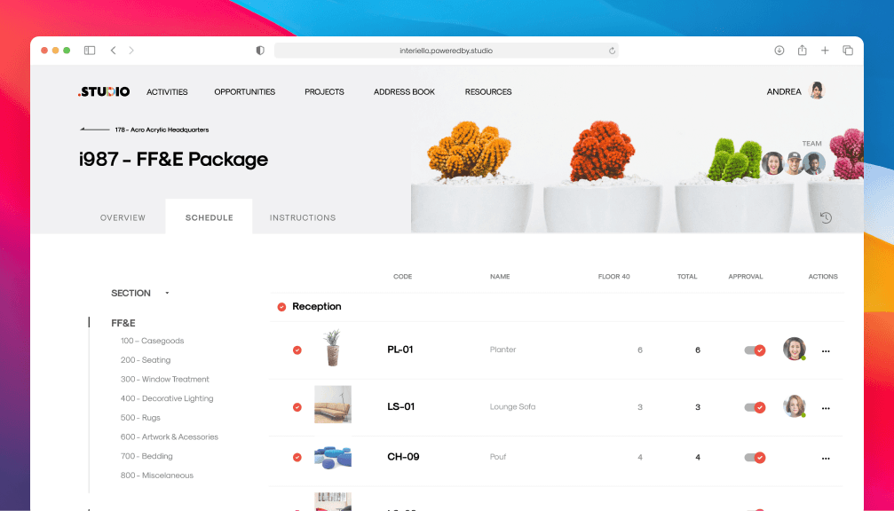 FF&E software interface showing project details & workflow.