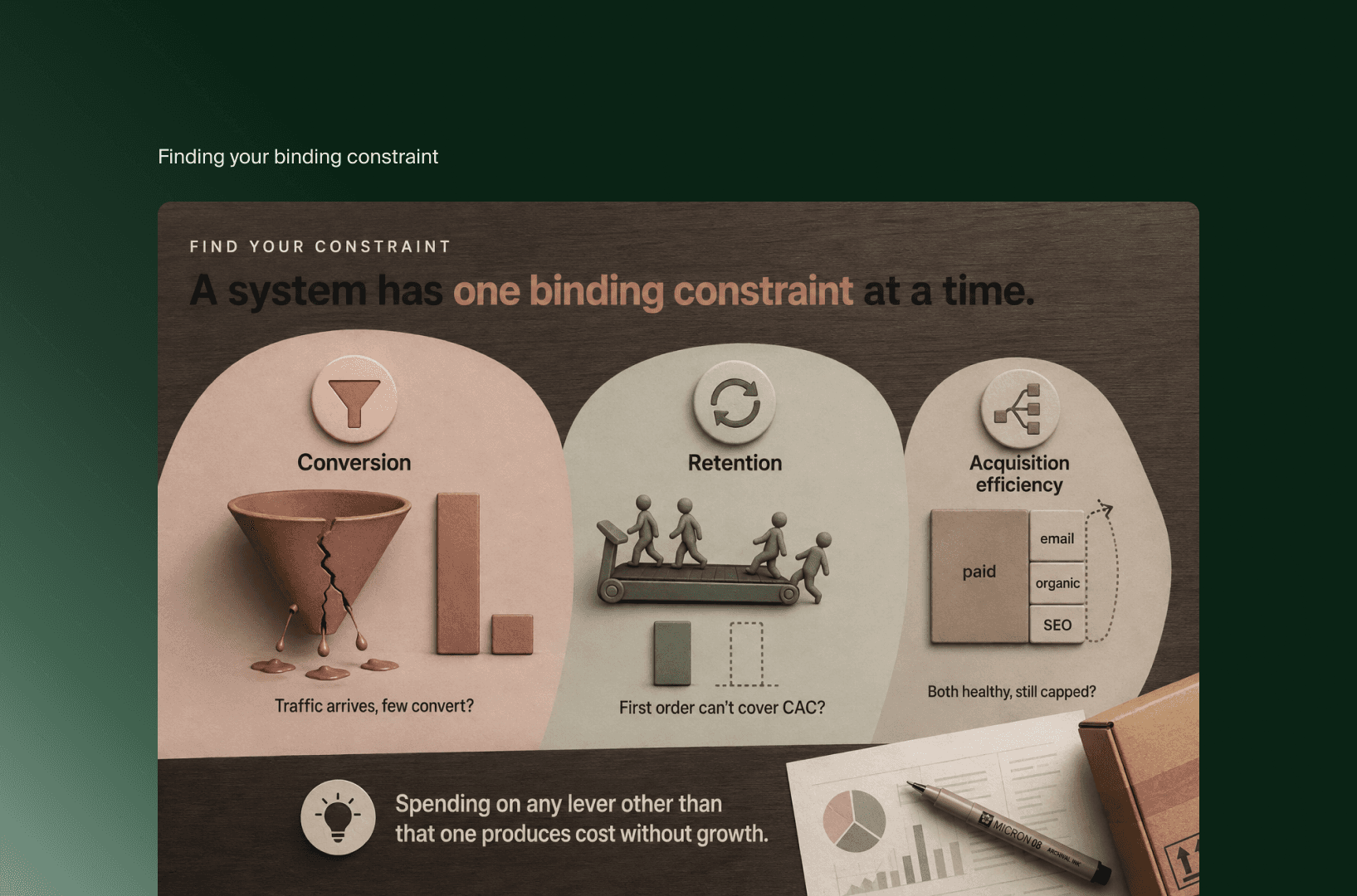 Infografik zu drei Wachstumsengpässen im DTC: Conversion, Retention und Akquise-Effizienz, jeweils nur einer bindend