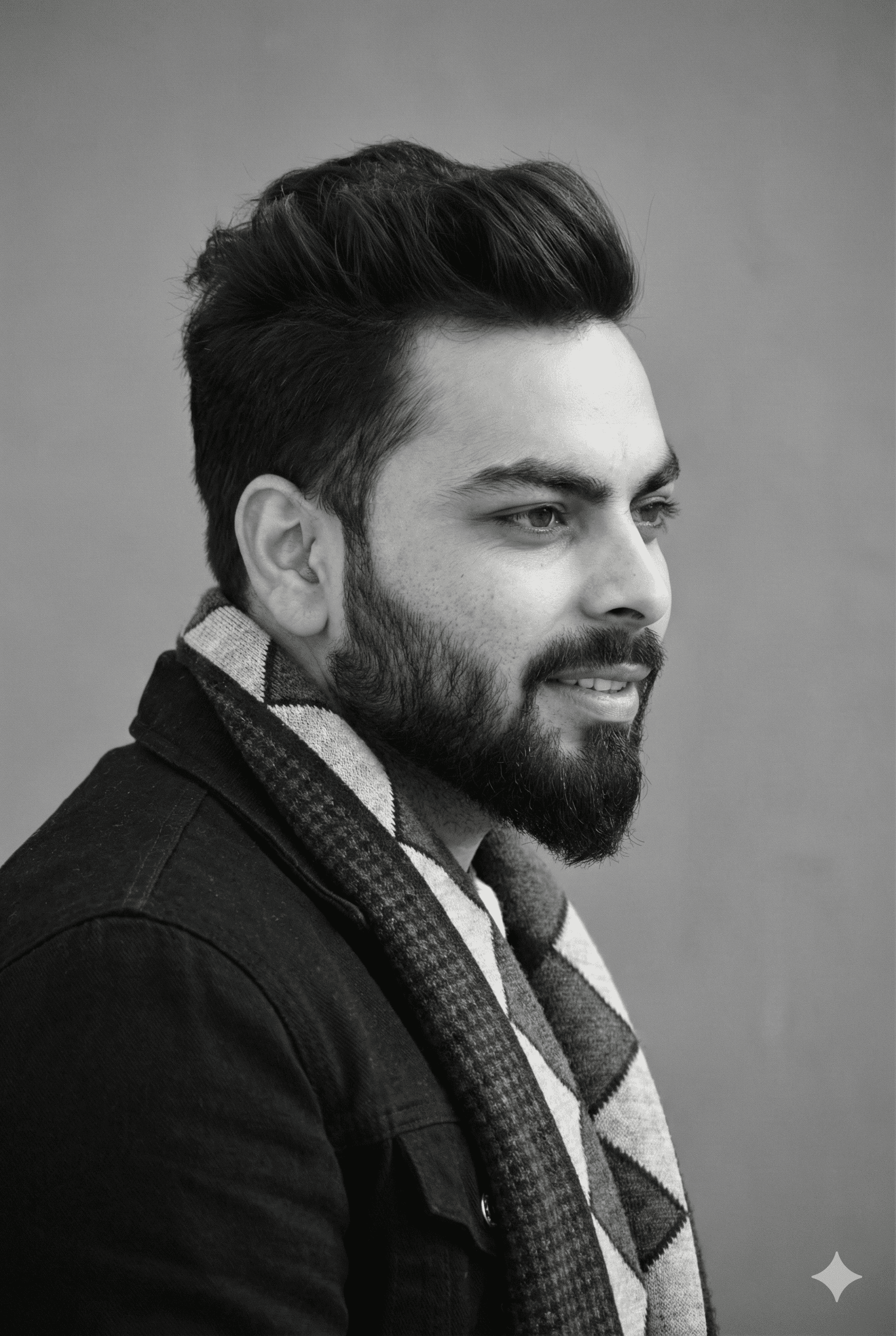 Portrait of a man with short dark hair and a trimmed beard, dressed in a dark shirt, on a simple background.