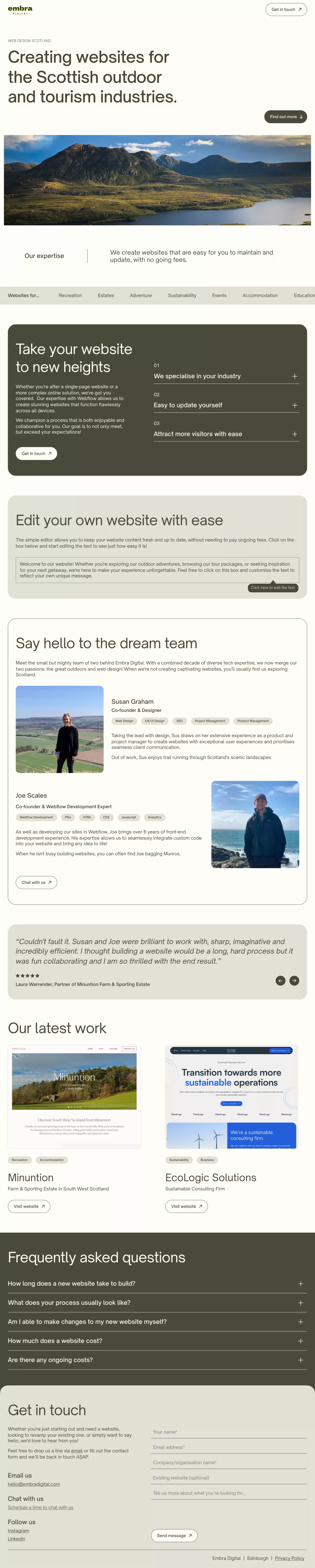 Embra Digital landing page screenshot showcasing Design and Tech design