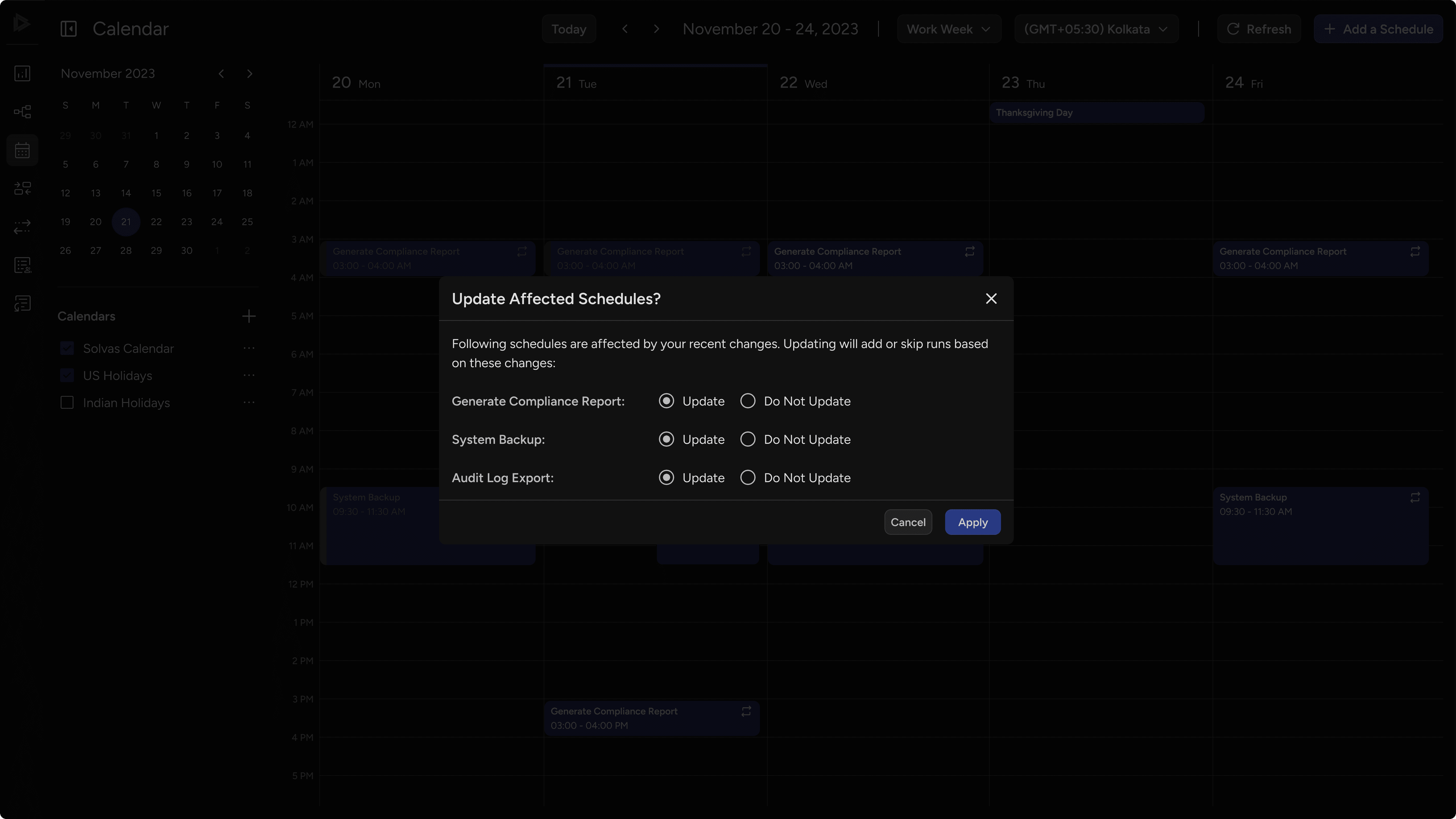 Popup showing option to update or keep existing schedules after changes to overlapping calendar events