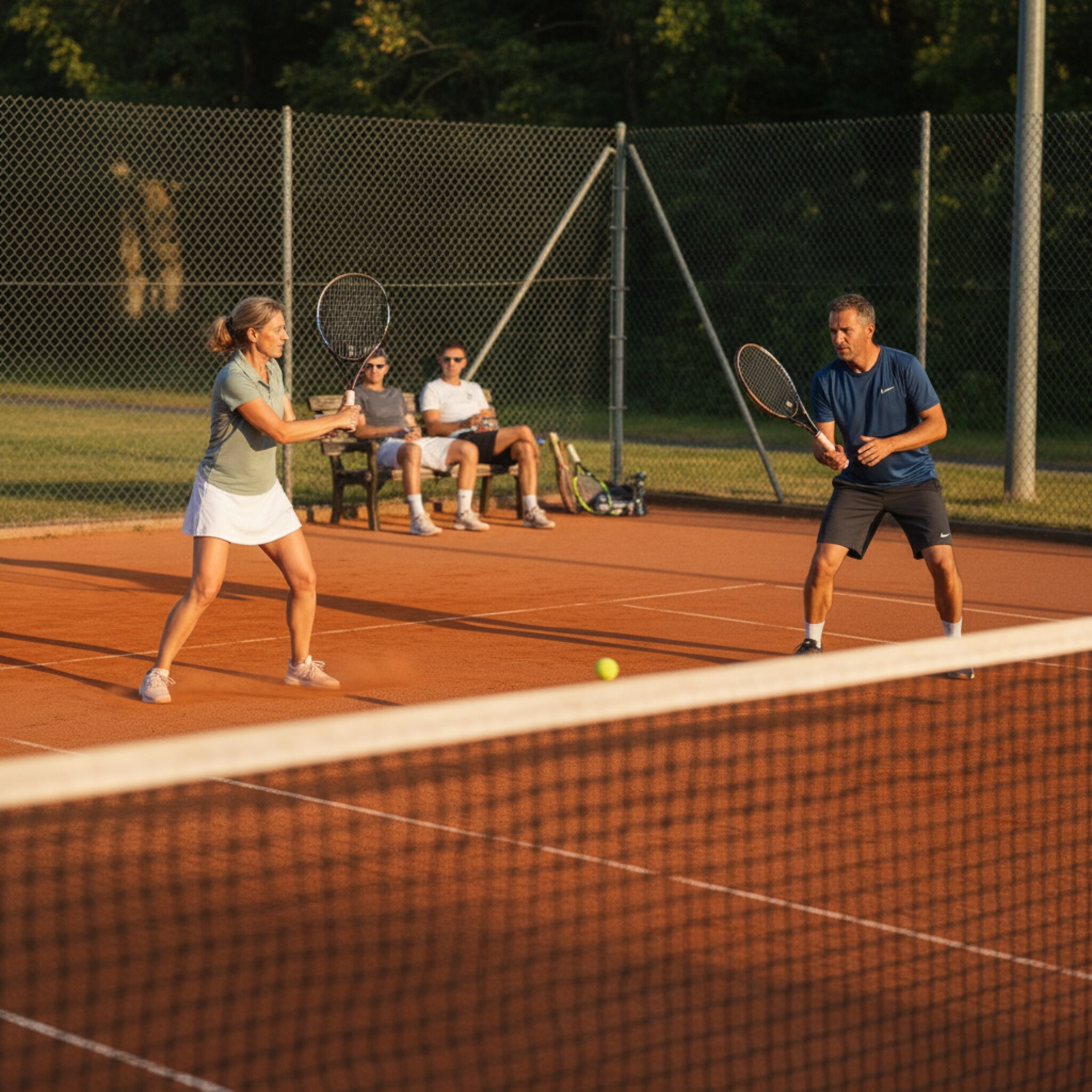 Später Nachmittag auf einem roten Sandplatz: Zwei Spieler tauschen lange Grundlinienschläge, feiner Staub wirbelt bei jedem Schritt auf. Die Sonne steht tief, ein Schatten fällt vom Clubhaus über die Seitenlinie. Im Hintergrund sitzt ein Duo auf der Bank, die Trinkflaschen glänzen im warmen Licht.