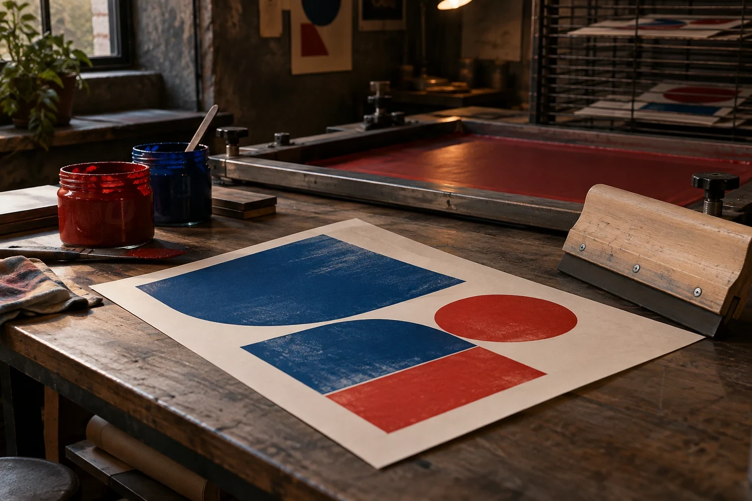 Original screenprinting workshop still life with red and blue ink pots, plain squeegee and fresh geometric poster, no people