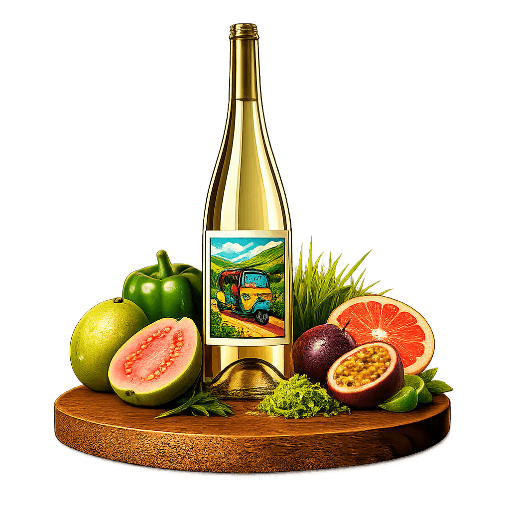 Artistic label and flavor profile for Nashik Sauvignon Blanc on a rustic wooden table.