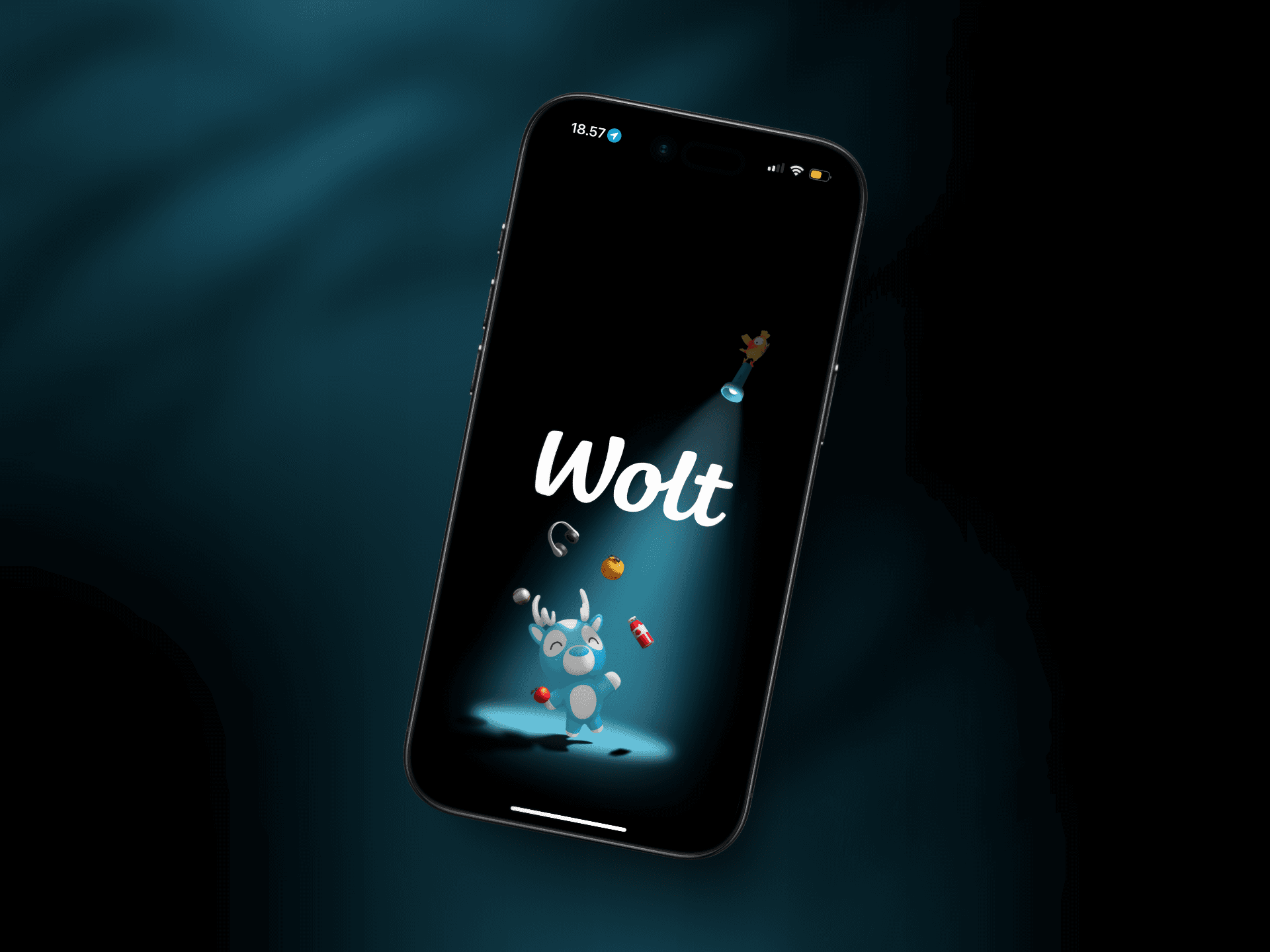 A mockup for an iPhone of the Wolt consumer app on a dark blue background